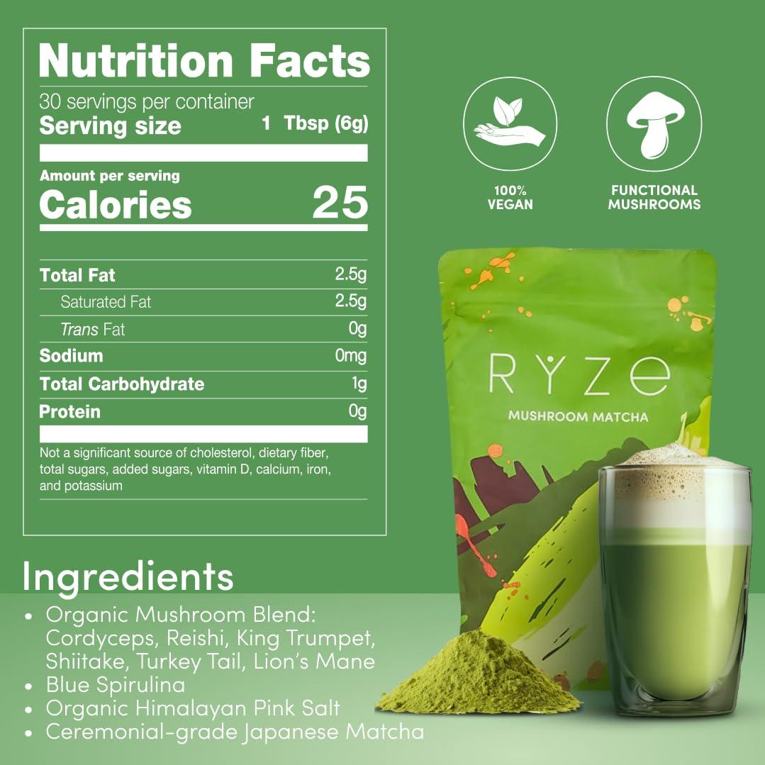 RYZE SUPERFOODS Matcha Orgánico con 6 Hongos Adaptogénicos 30 Porciones