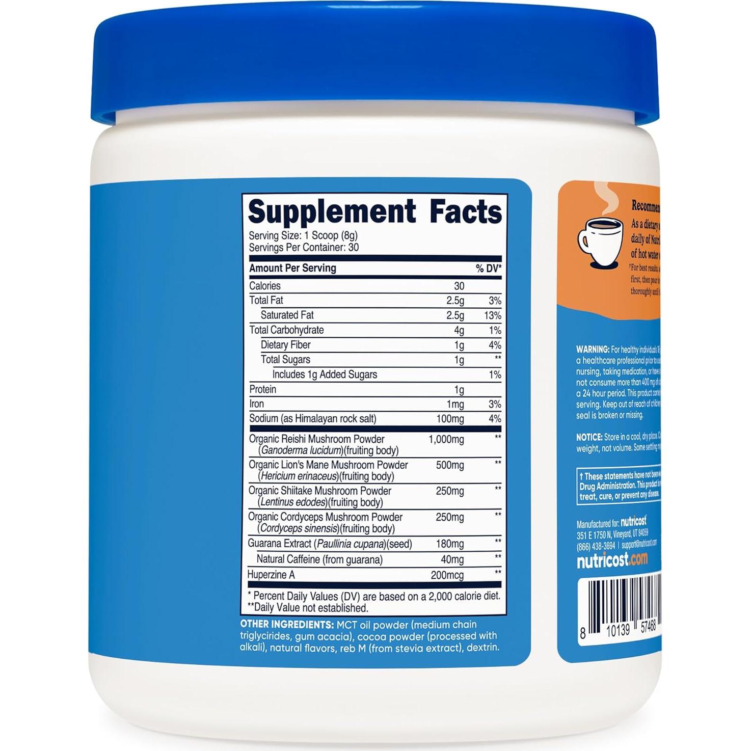 Bebida de Champiñones Adaptógenos Nutrizen Focus 30 Porciones Chocolate Caliente