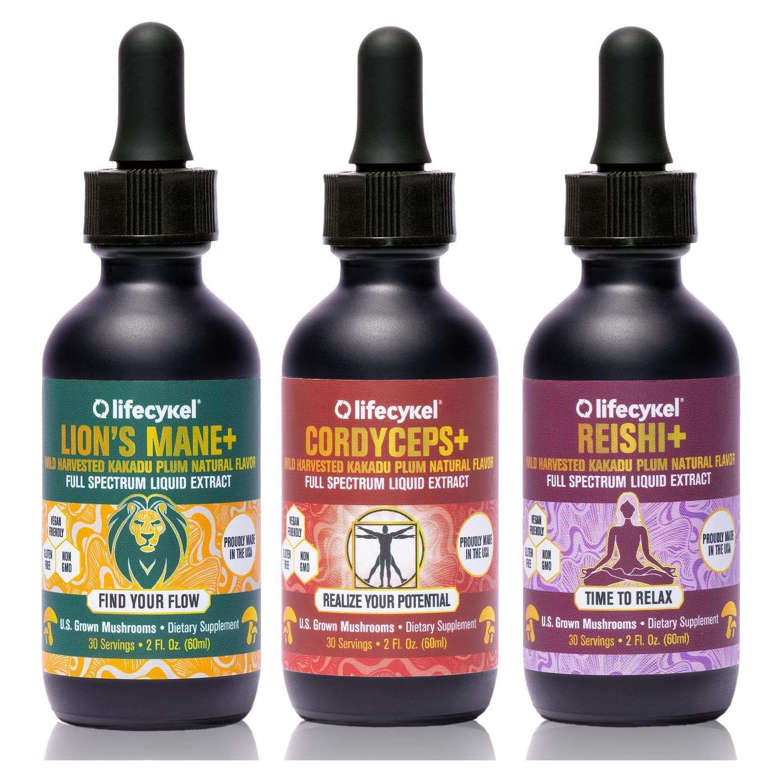 Paquete de Extractos de Hongos Lifecykel - Reishi, Melena de León y Cordyceps - Tintura Vegana para Energía y Salud Inmunológica