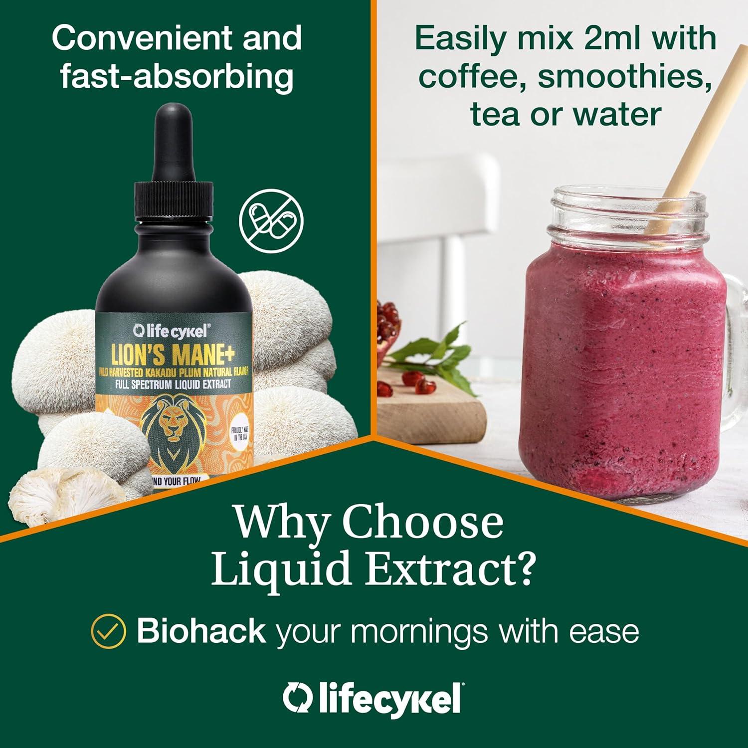 Paquete de Extractos de Hongos Lifecykel - Reishi, Melena de León y Cordyceps - Tintura Vegana para Energía y Salud Inmunológica