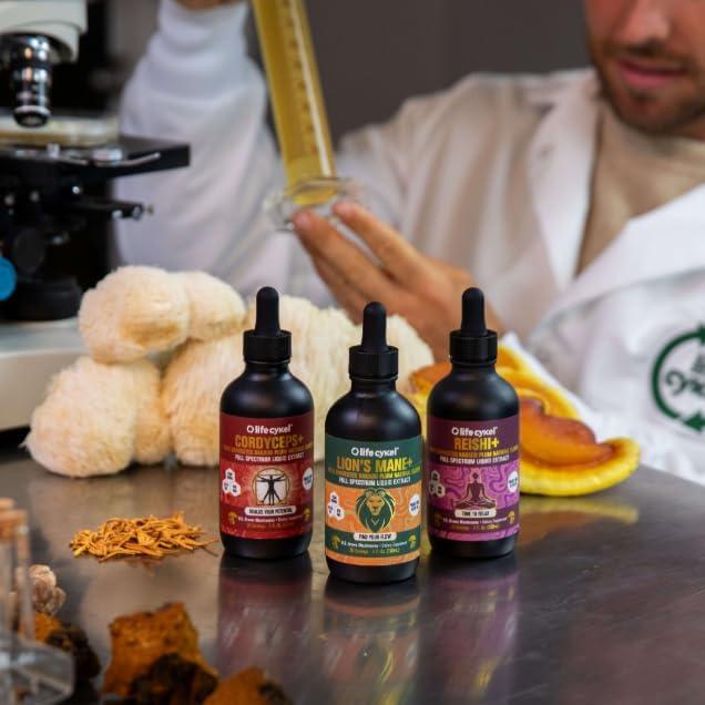 Paquete de Extractos de Hongos Lifecykel - Reishi, Melena de León y Cordyceps - Tintura Vegana para Energía y Salud Inmunológica