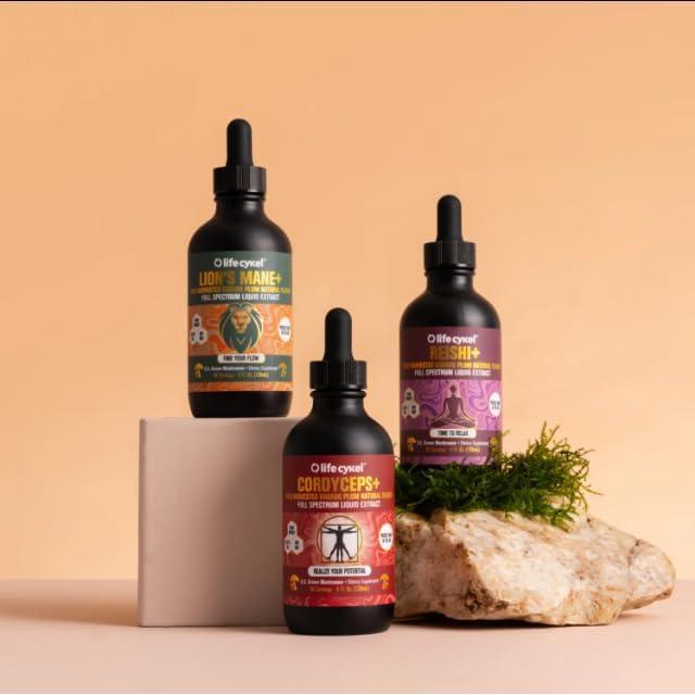 Paquete de Extractos de Hongos Lifecykel - Reishi, Melena de León y Cordyceps - Tintura Vegana para Energía y Salud Inmunológica