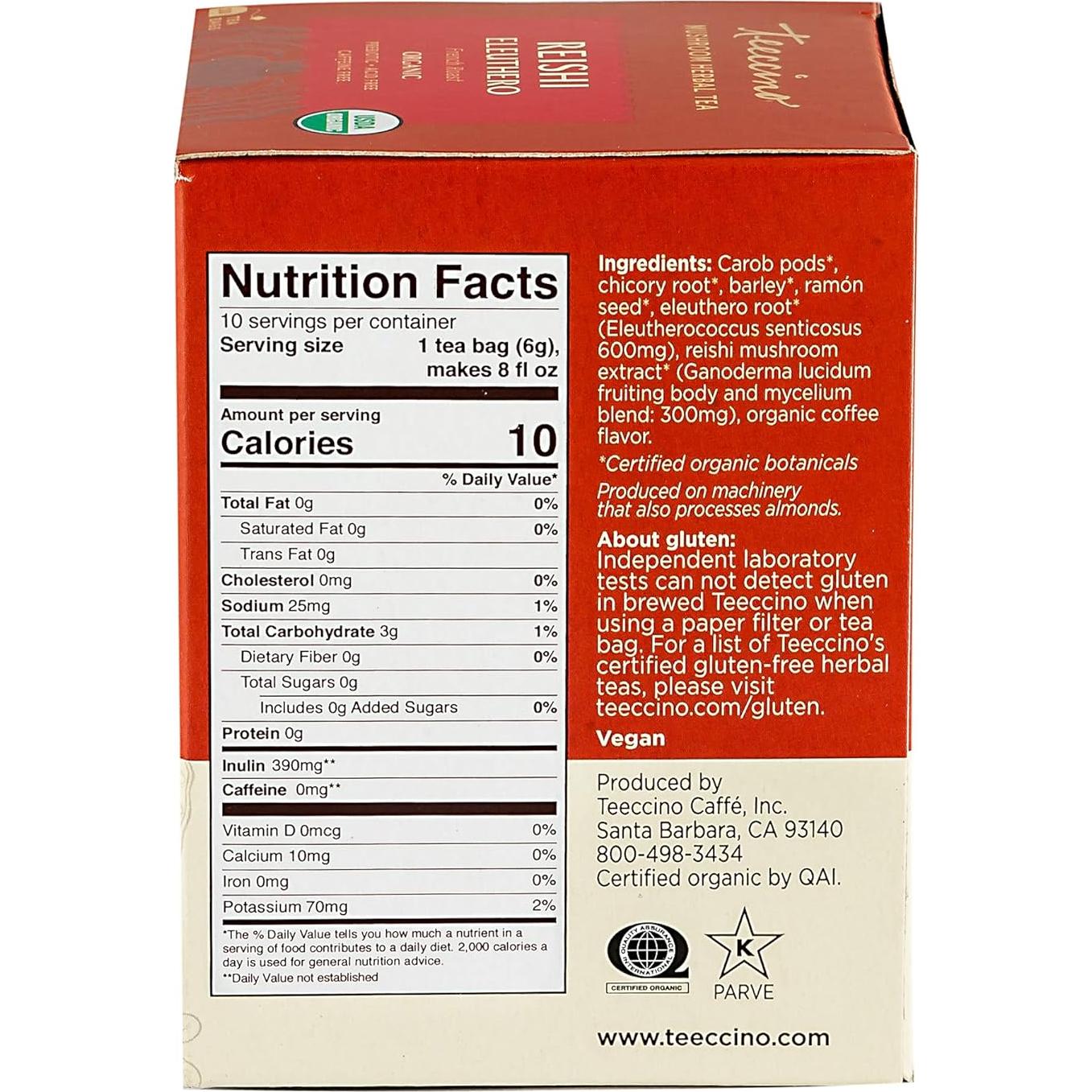 Té Herbal Adaptogénico Teeccino Reishi Eleuthero - 10 Bolsitas