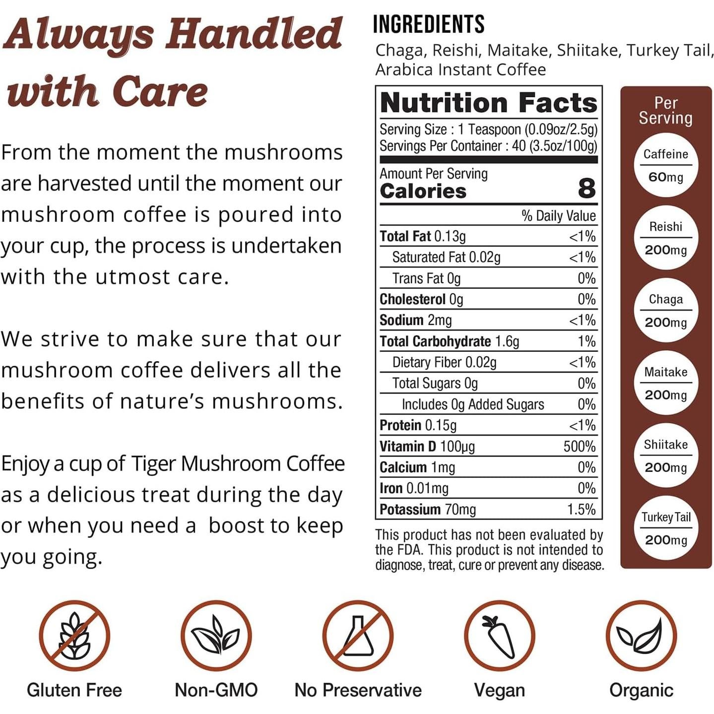 Café Instantáneo Orgánico Tiger 5 Hongos - 30 Porciones 100% Arábica