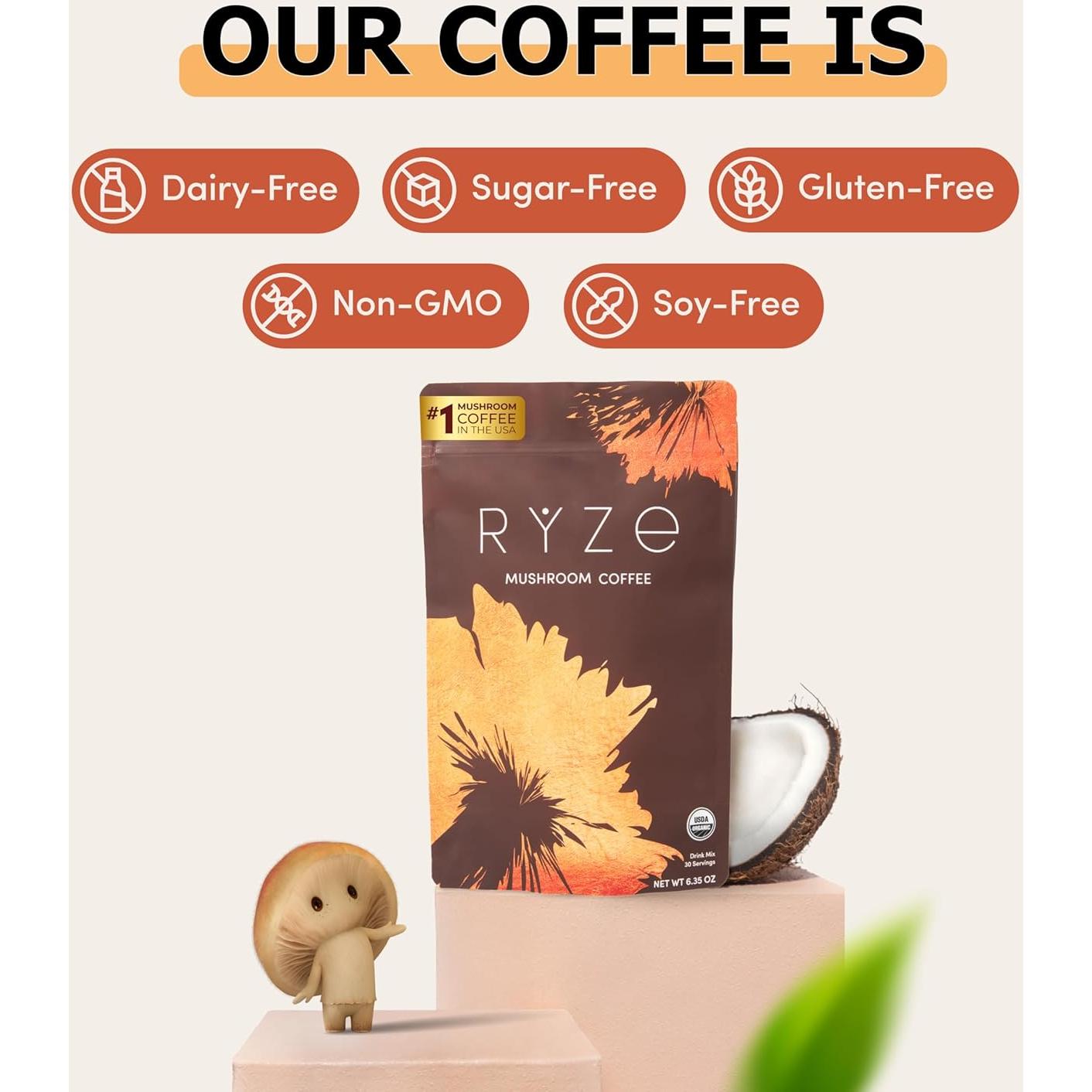 Café de Champiñones Orgánico RYZE con 6 Adaptógenos - 30 Porciones