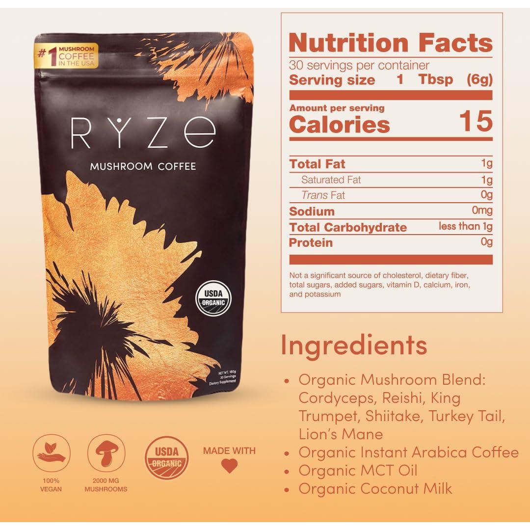 Café de Champiñones Orgánico RYZE con 6 Adaptógenos - 30 Porciones