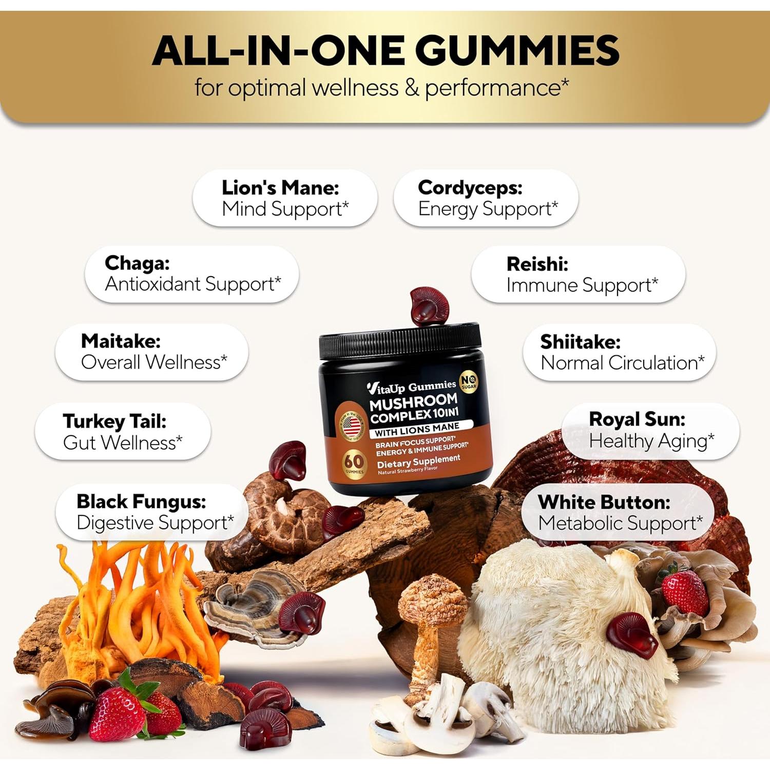 Gomitas de Hongo VitaUp 10 en 1 - Soporte Cognitivo e Inmunológico - 60 Unidades