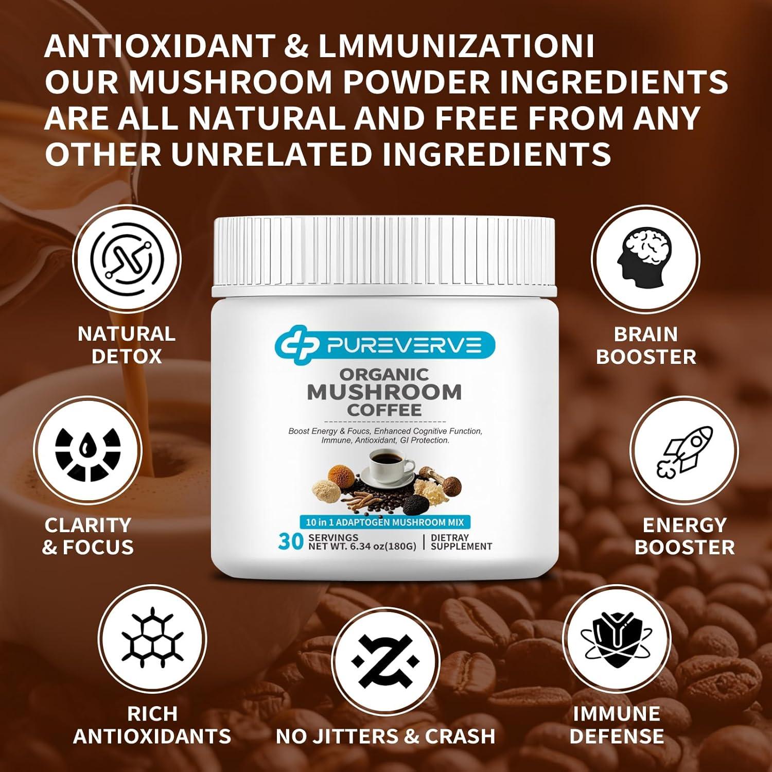 Café de Hongo Orgánico Pureverve 30 Porciones - 10 Hongos