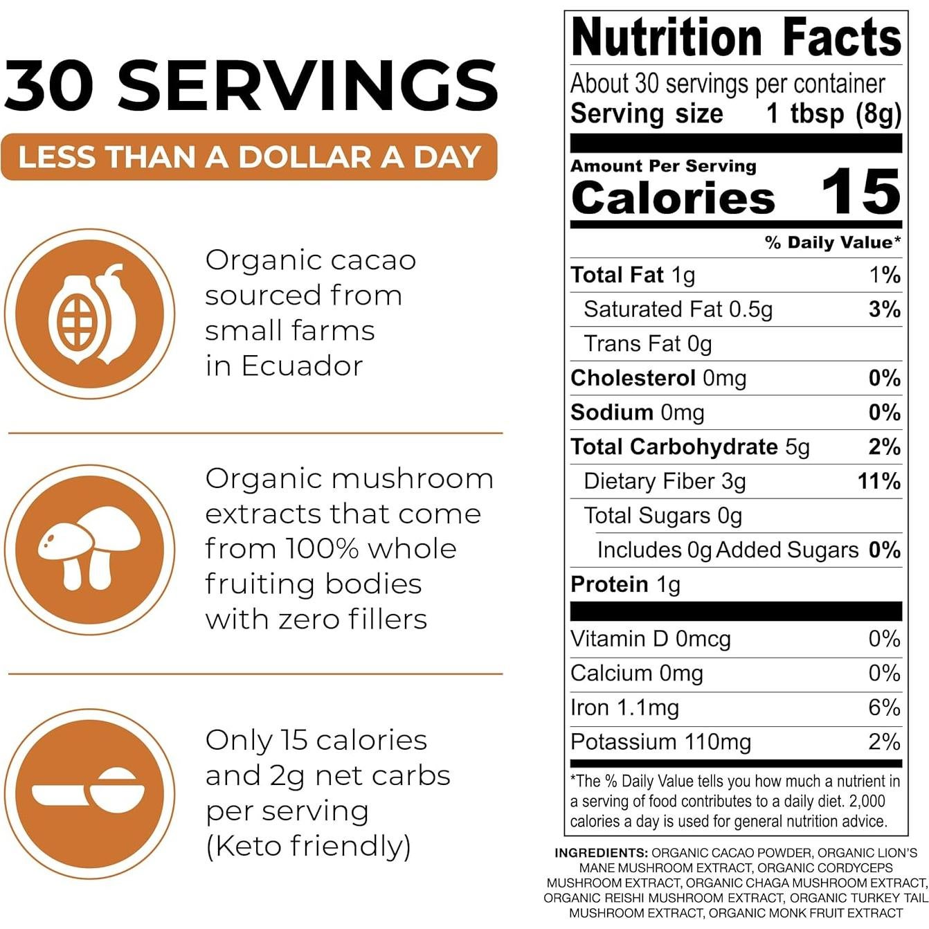 Chocolate Caliente Orgánico Inner Elevate con 5 Champiñones - 30 Porciones