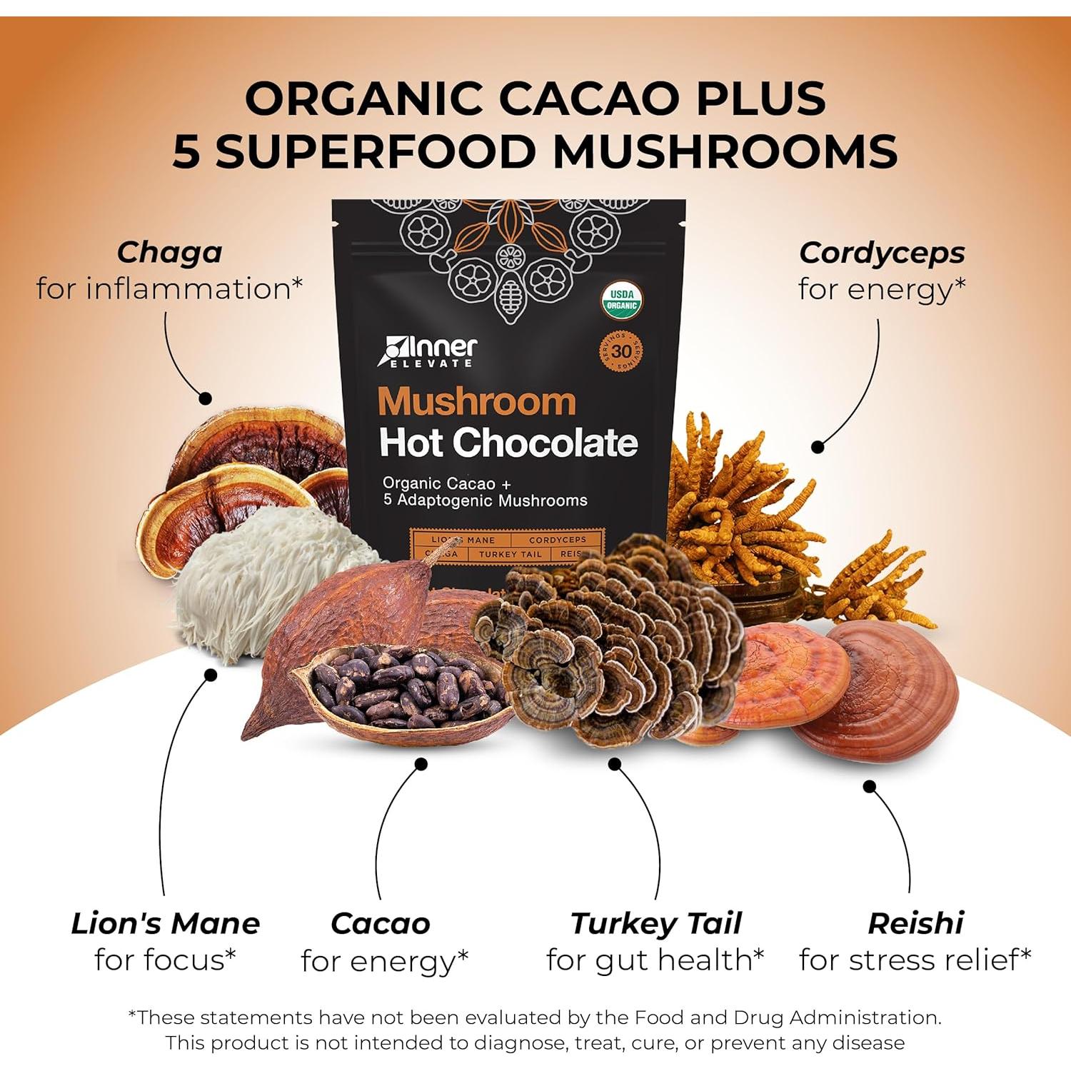 Chocolate Caliente Orgánico Inner Elevate con 5 Champiñones - 30 Porciones