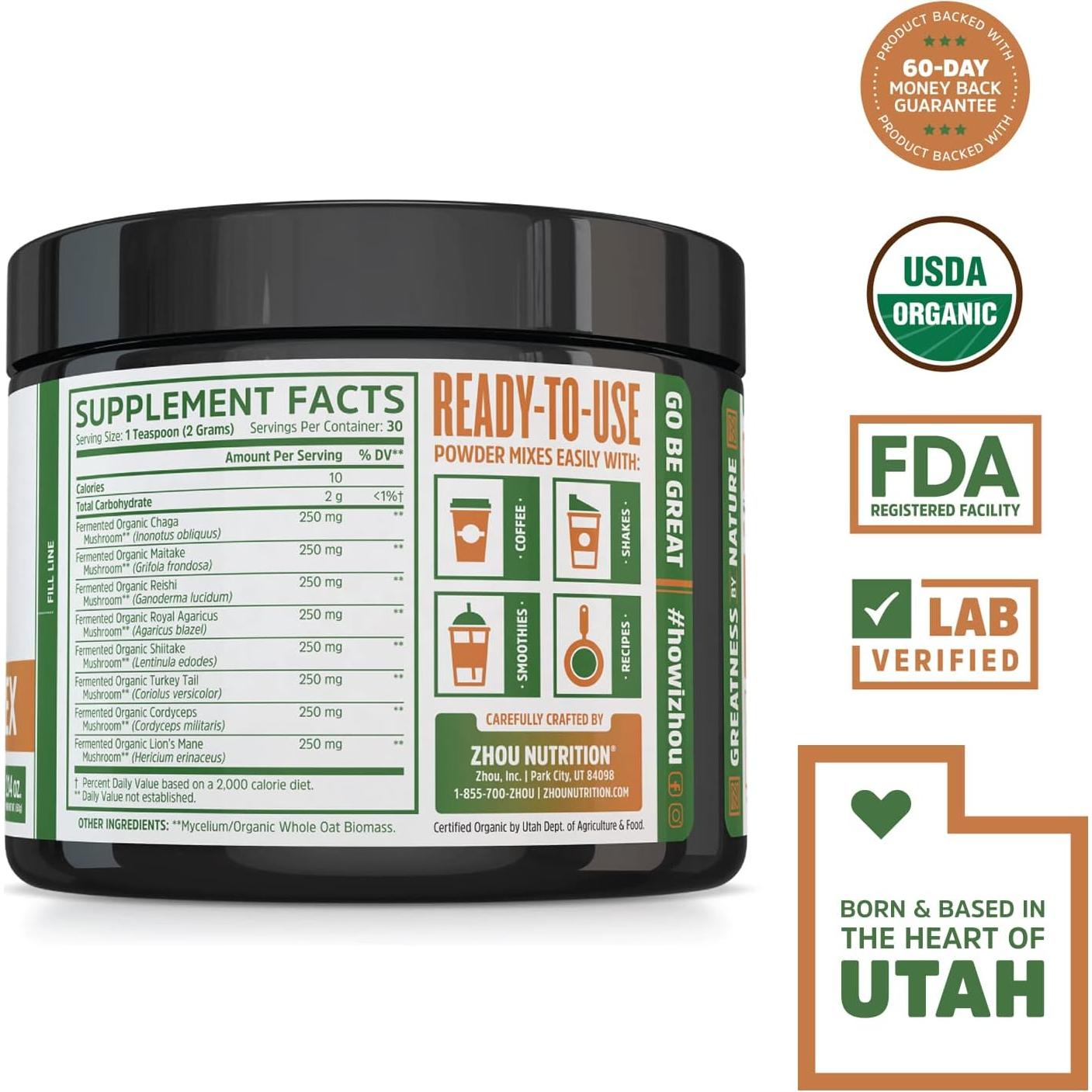 Polvo de Hongo Orgánico Zhou Nutrition 8-Plex 60.78 g