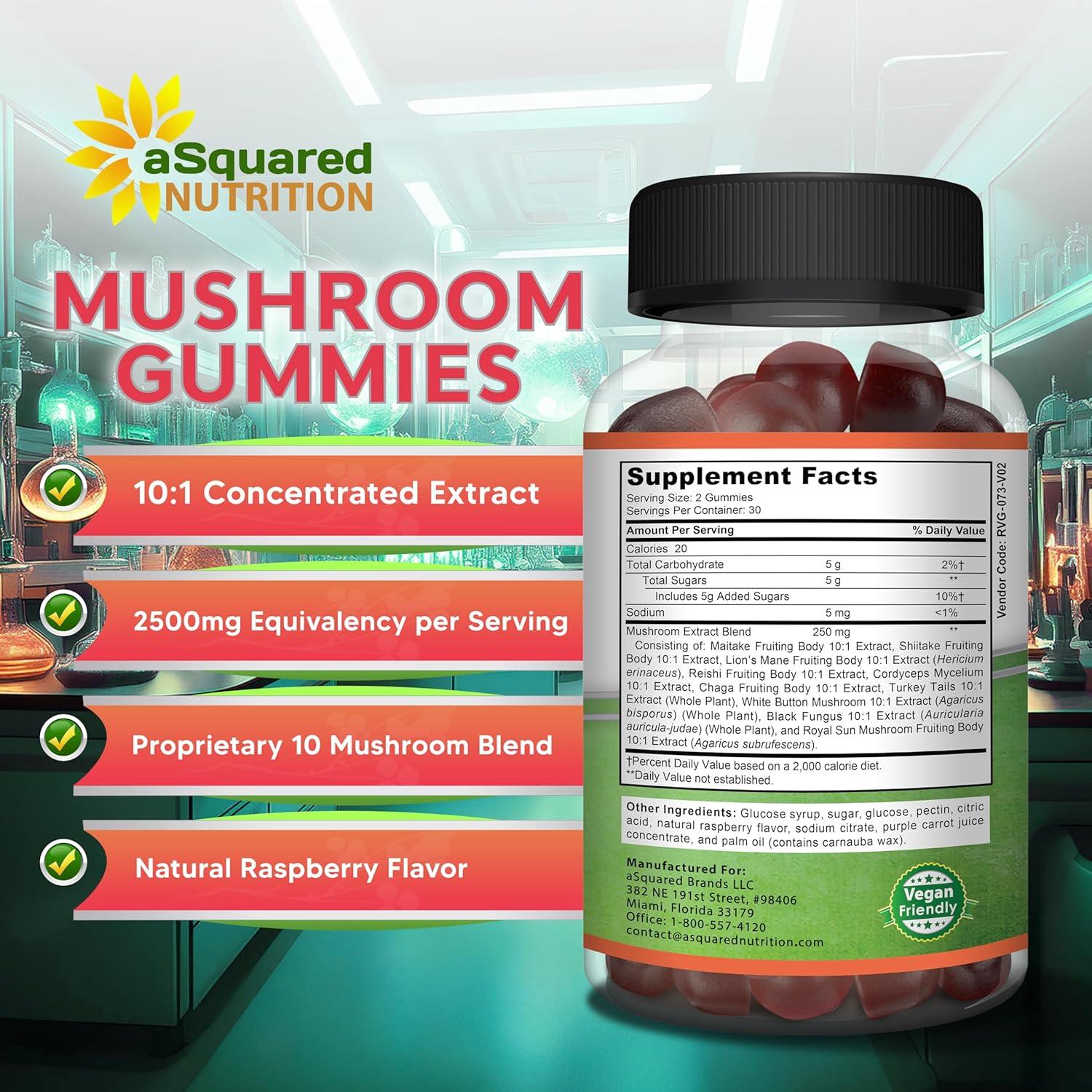 Gominolas de Champiñón aSquared Nutrition - 10x Melena de León, Reishi, Energía y Enfoque
