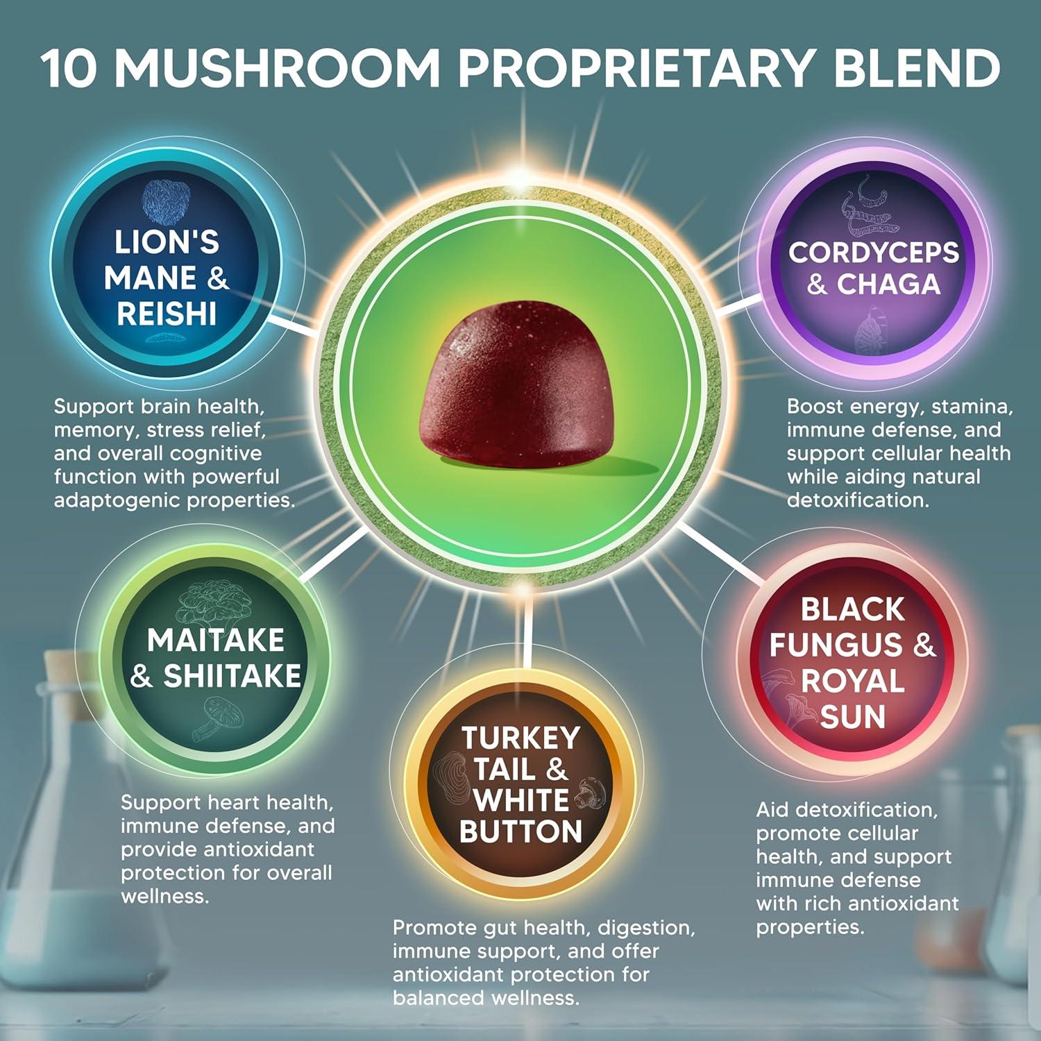 Gominolas de Champiñón aSquared Nutrition - 10x Melena de León, Reishi, Energía y Enfoque