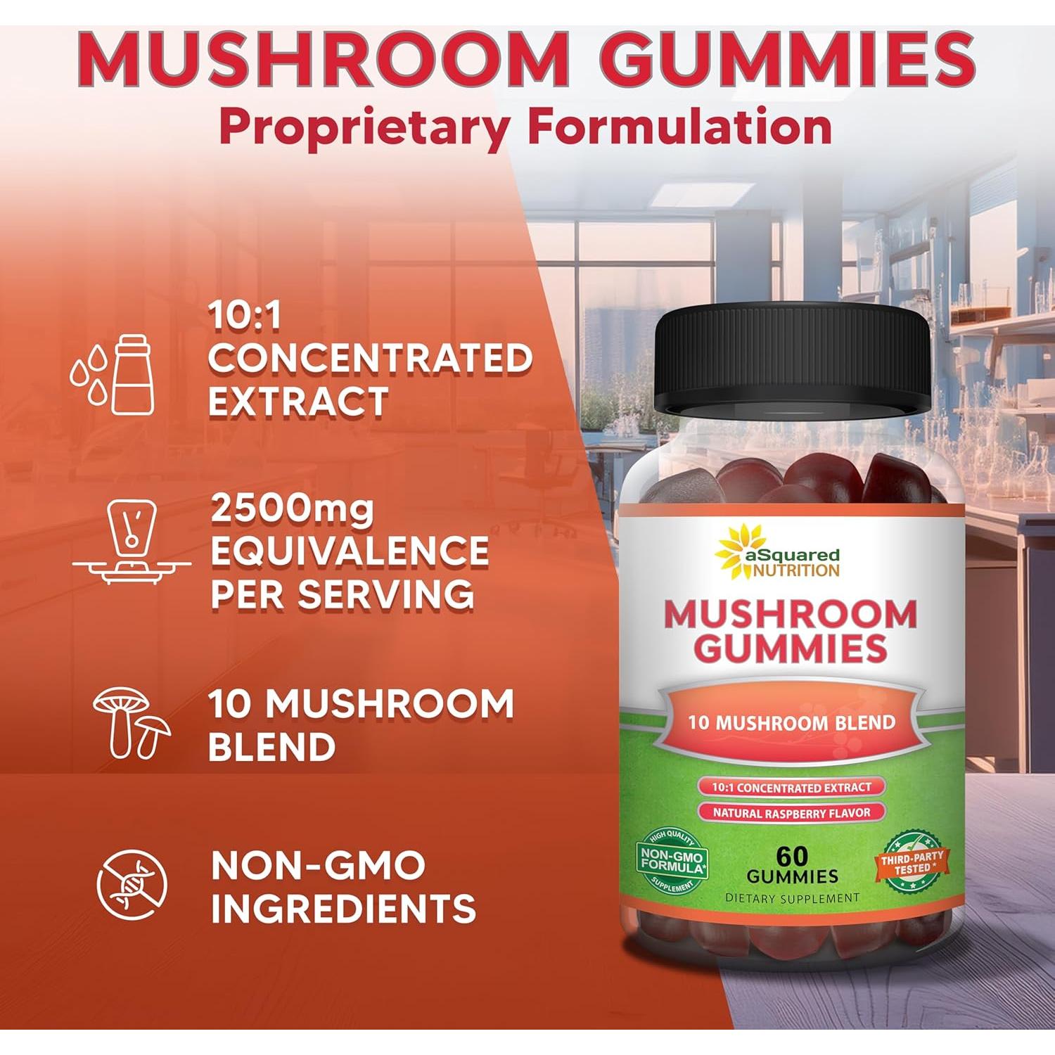 Gominolas de Champiñón aSquared Nutrition - 10x Melena de León, Reishi, Energía y Enfoque