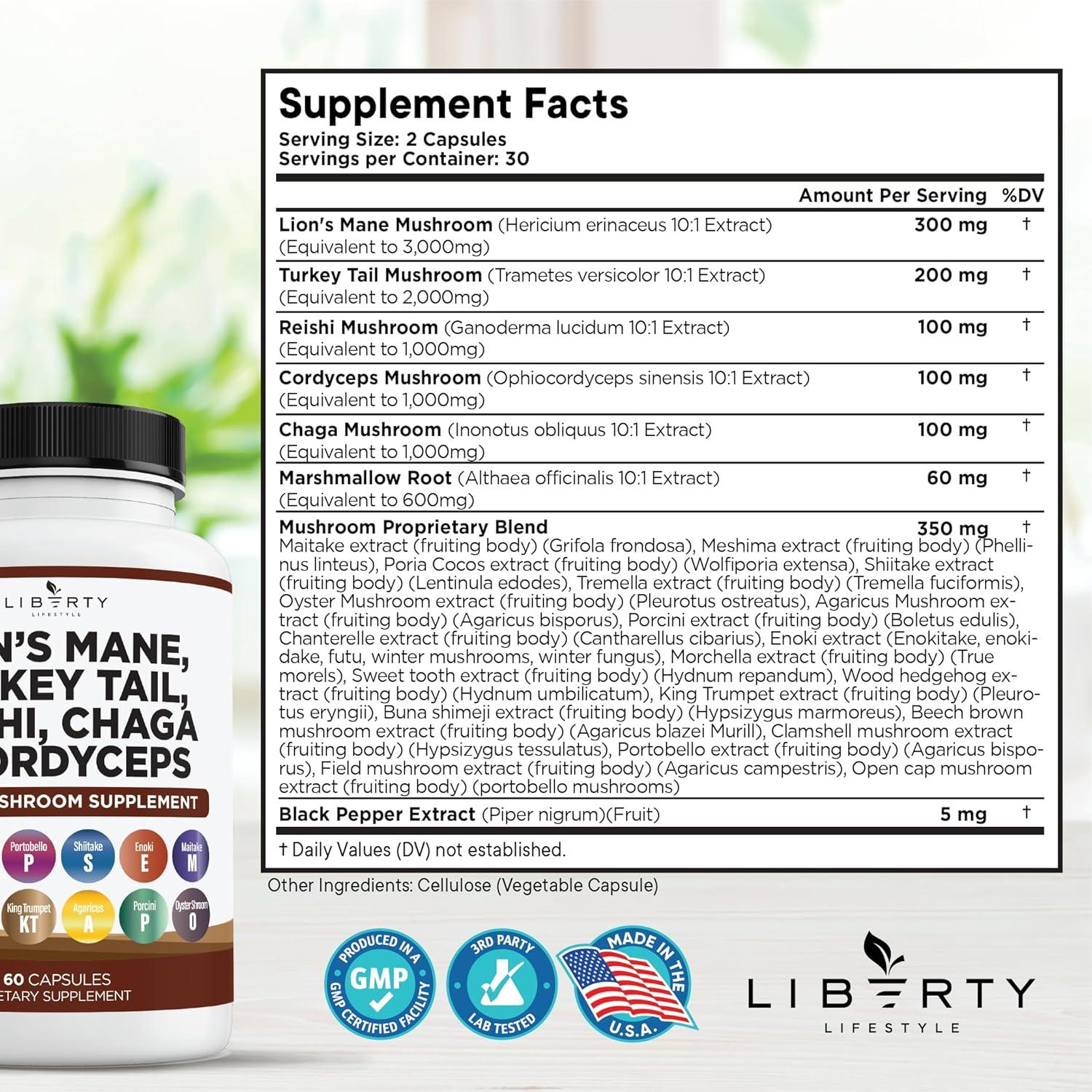 Suplemento de Hongo Melena de León y Reishi Liberty 180 Cápsulas