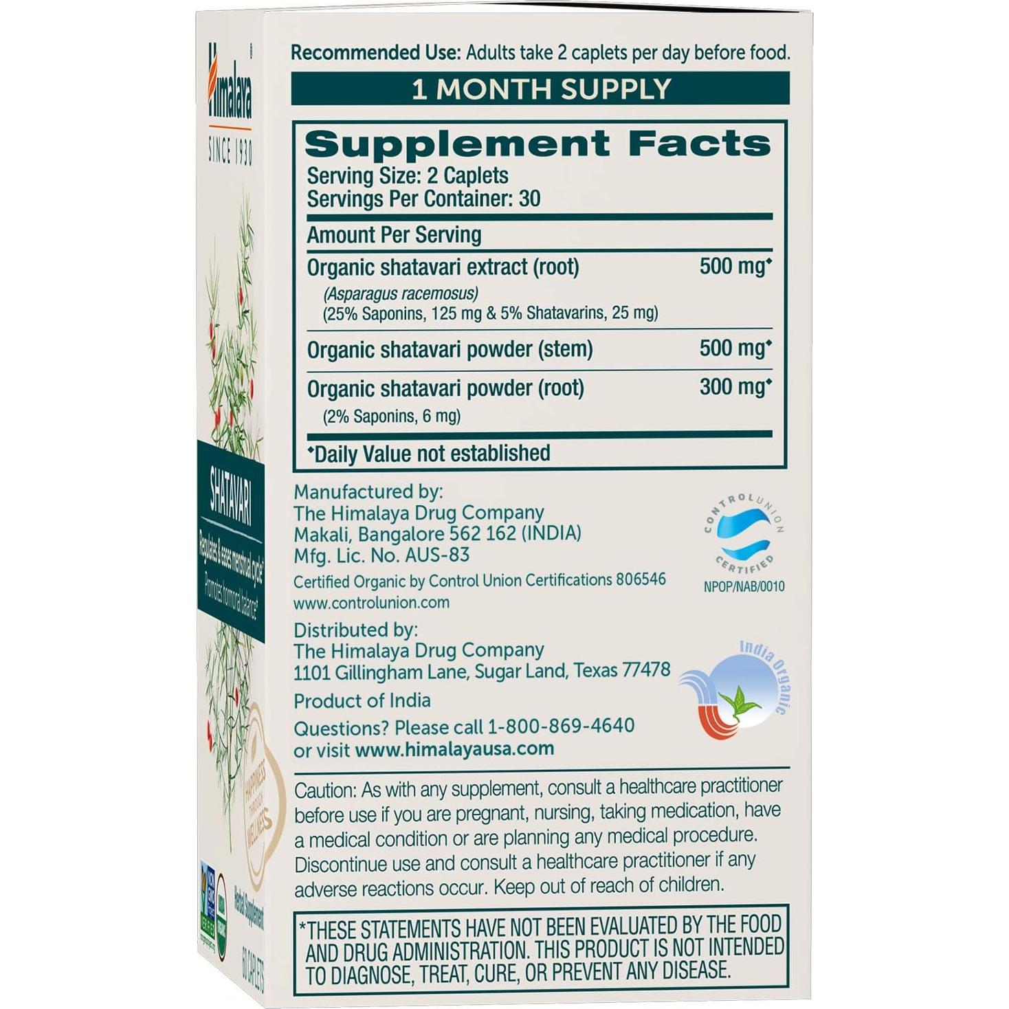 Himalaya Shatavari Orgánico 1300 mg 60 Comprimidos Salud Mujer