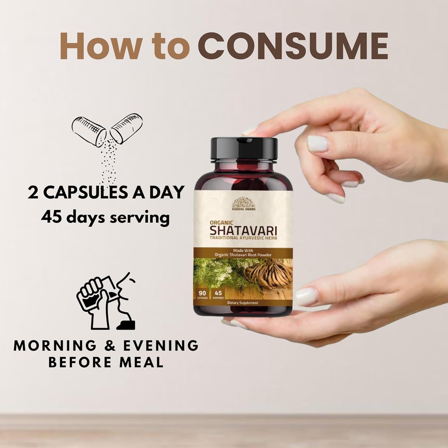 Cápsulas de Shatavari 1000mg Hebhac Herbs Orgánico 90 Unidades