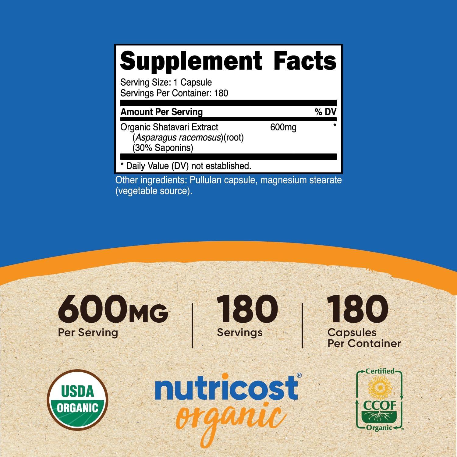 Cápsulas de Shatavari Orgánico Nutricost 600mg - 180 Unidades