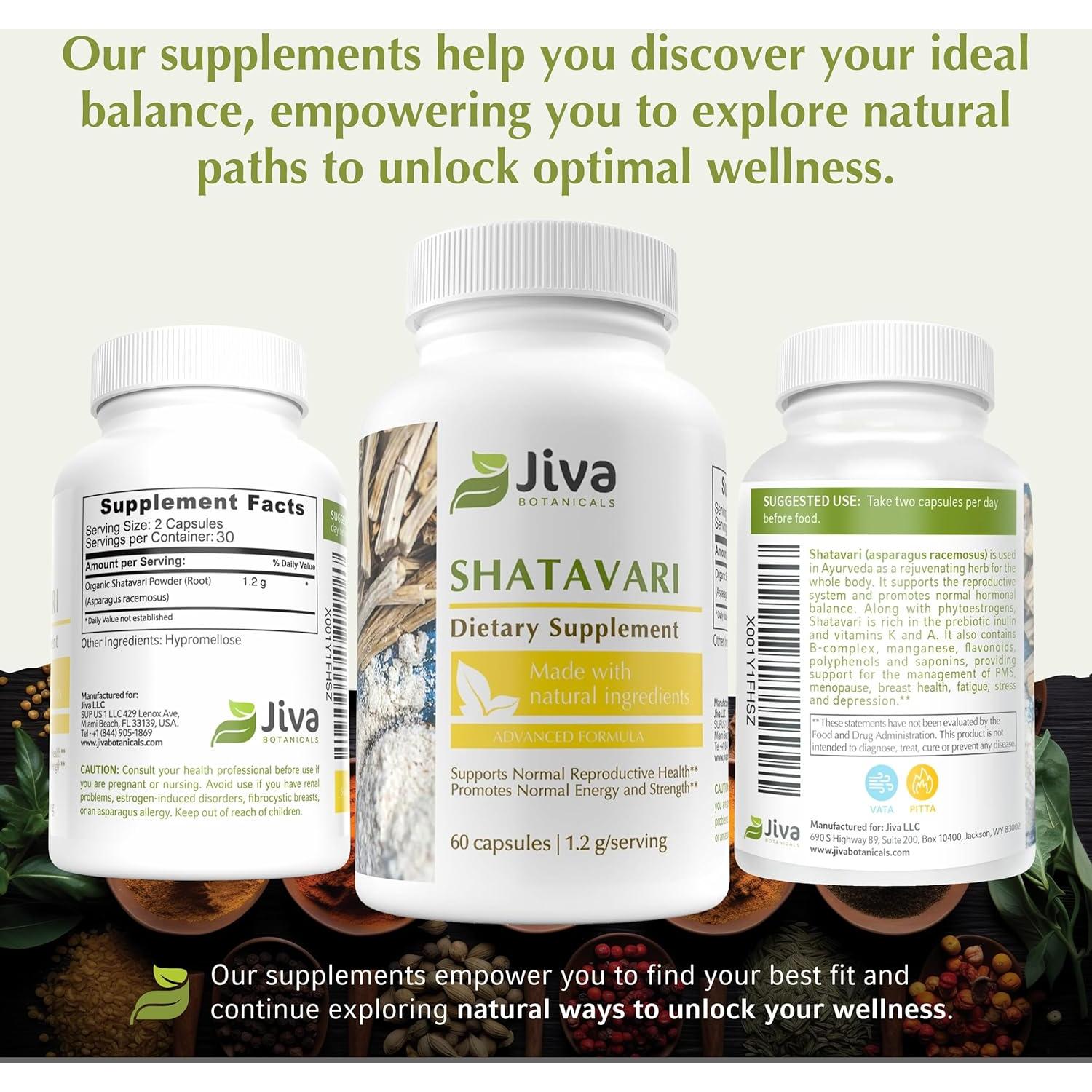 Suplemento Shatavari Jiva Botanicals 1200mg - 60 Cápsulas Veganas