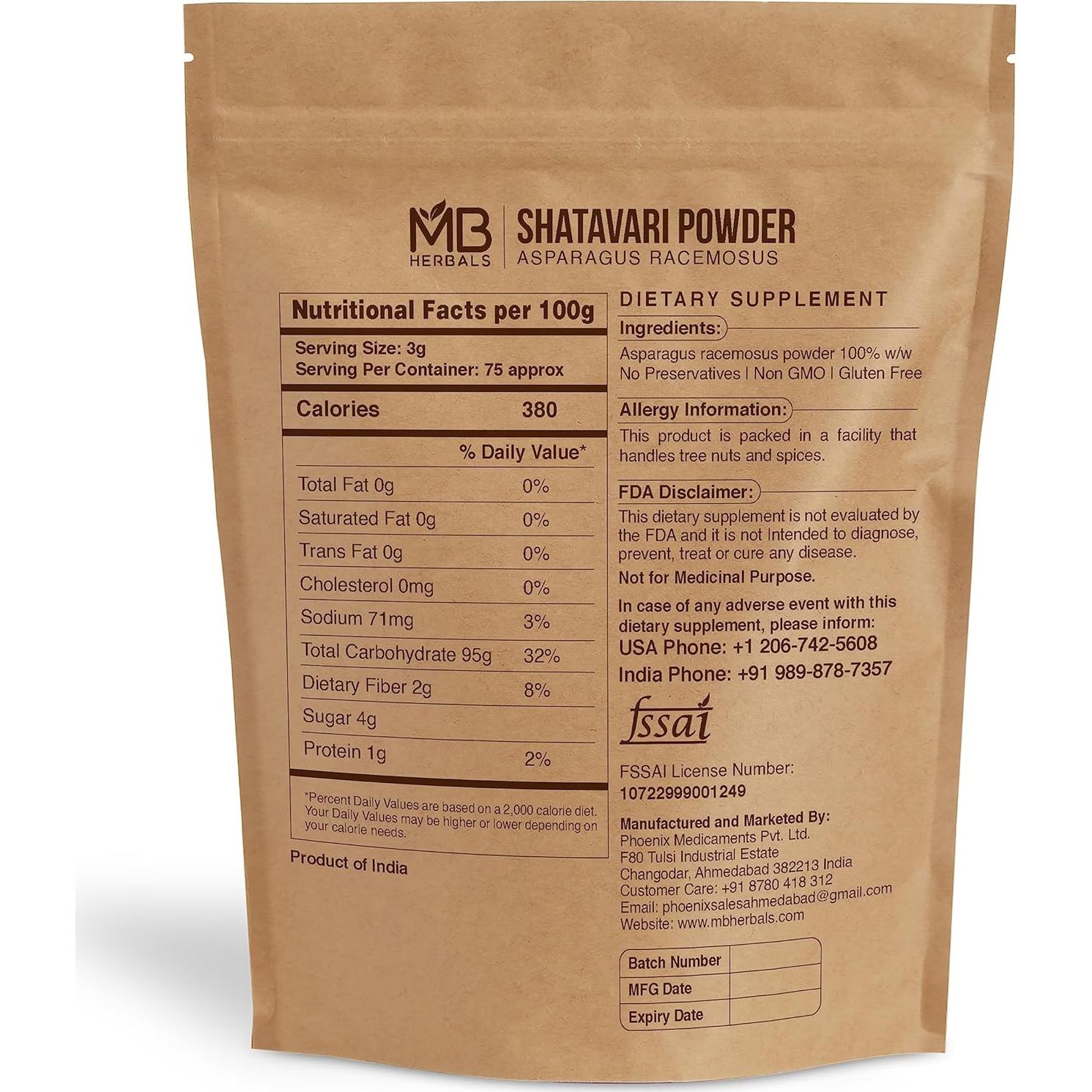 Polvo de Shatavari MB Herbals 227g - 100% Puro y Natural