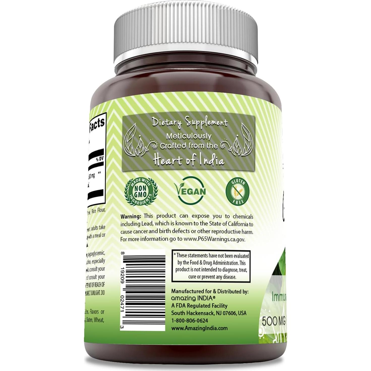 Suplemento Guduchi India Asombrosa 500 mg 60 Cápsulas Vegetarianas