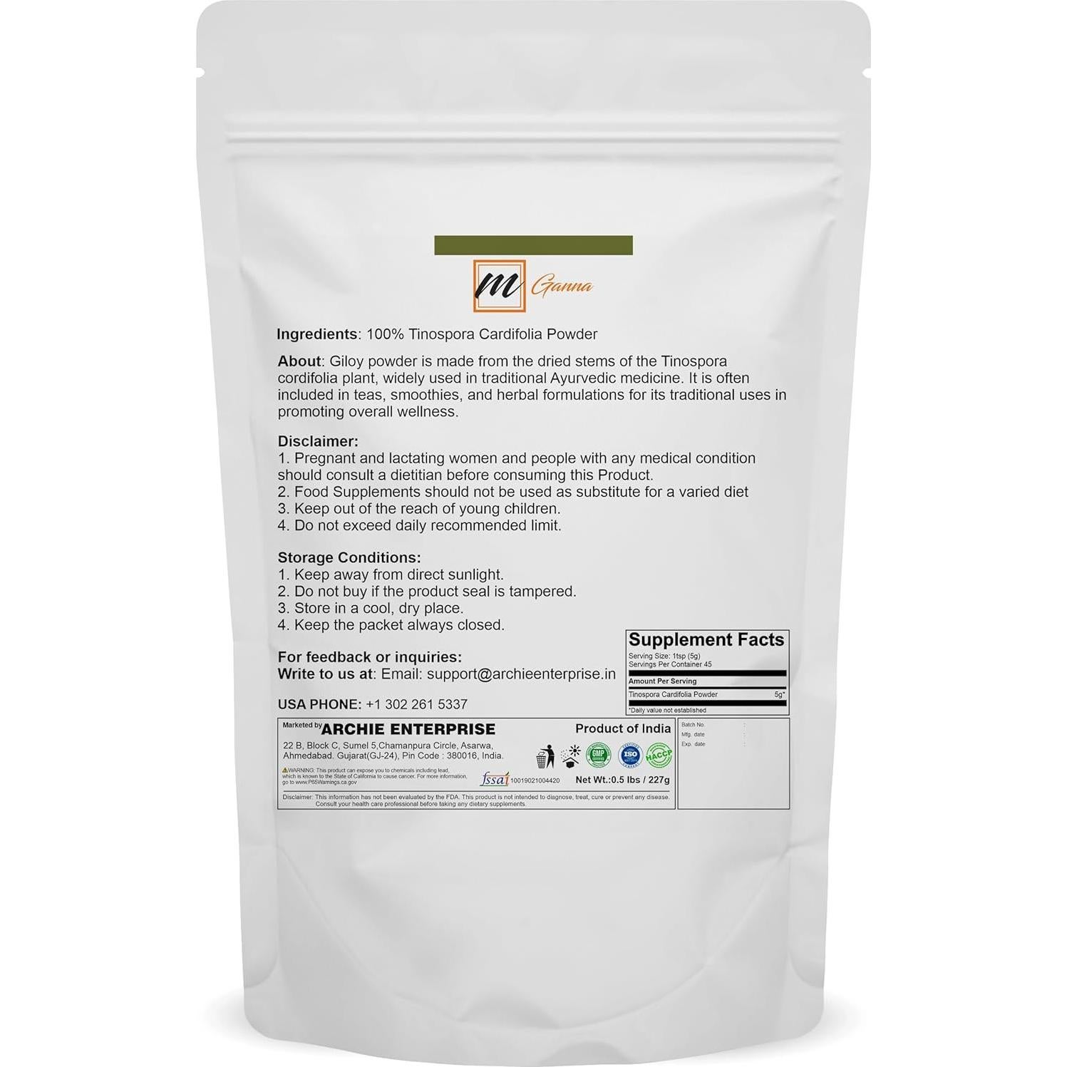 Polvo de Guduchi 227g - mGanna - Cuidado de la Piel Natural