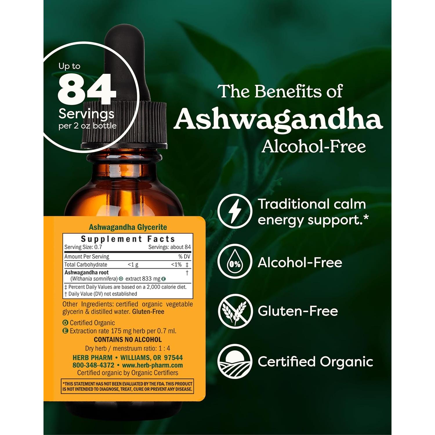 Extracto de Ashwagandha Orgánico Herb Pharm 60 ml Glicerita Sin Alcohol