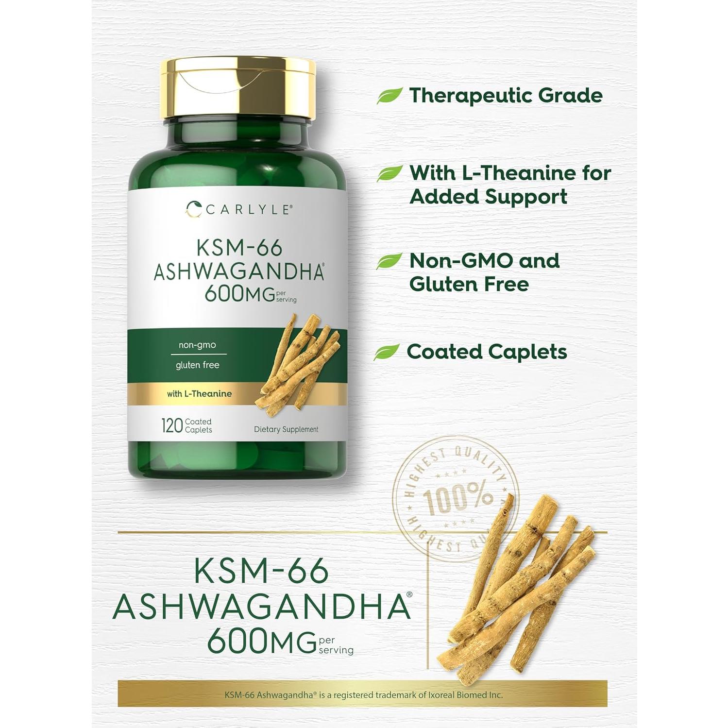 Carlyle KSM-66 Ashwagandha 600mg + L-Theanine 200mg Vegano 120 Tabletas