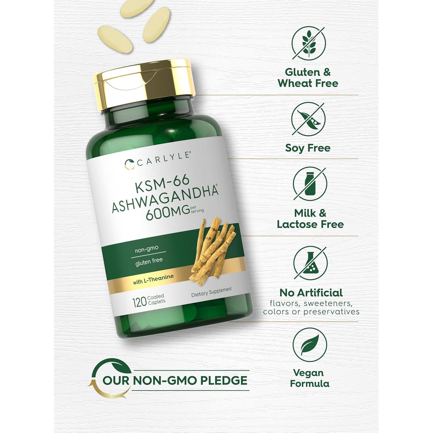 Carlyle KSM-66 Ashwagandha 600mg + L-Theanine 200mg Vegano 120 Tabletas