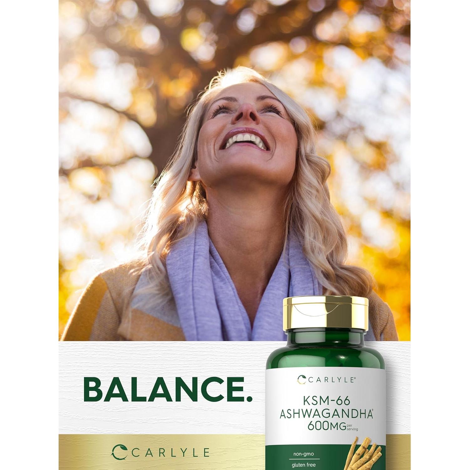 Carlyle KSM-66 Ashwagandha 600mg + L-Theanine 200mg Vegano 120 Tabletas