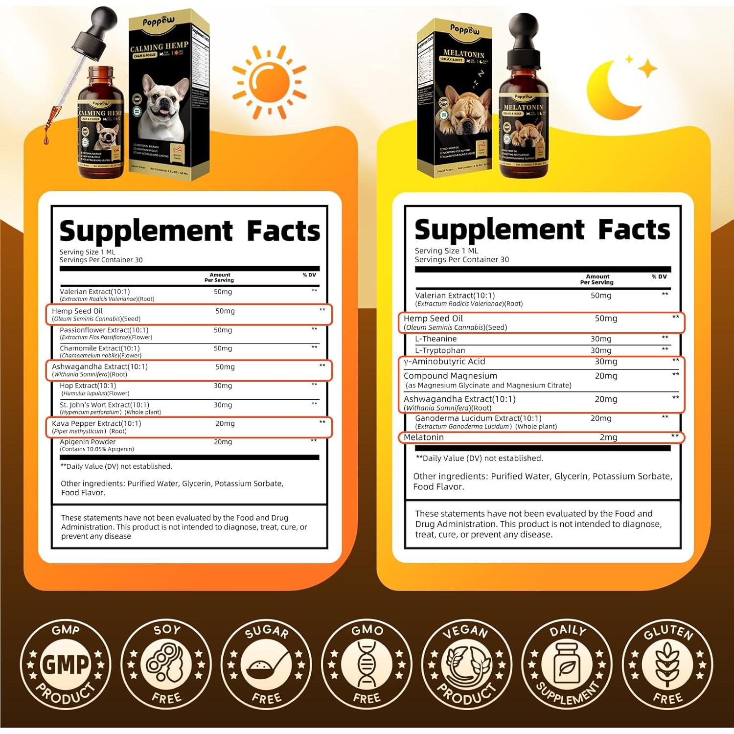 Gotas Calmantes para Perros POPPAW - Set de Melatonina 60ml