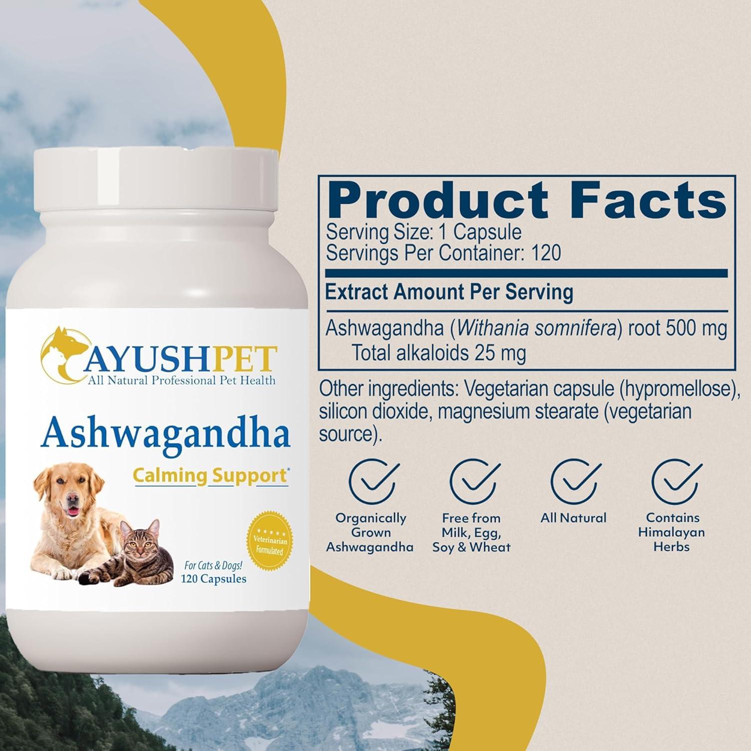 Cápsulas de Ashwagandha Ayush Pet 500mg para Perros y Gatos - 120 Unidades