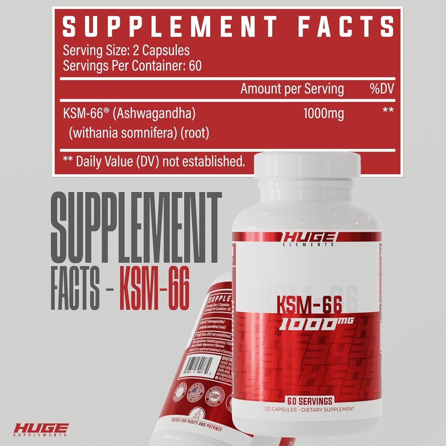 KSM-66 Ashwagandha Huge Supplements 1000mg 120 Cápsulas