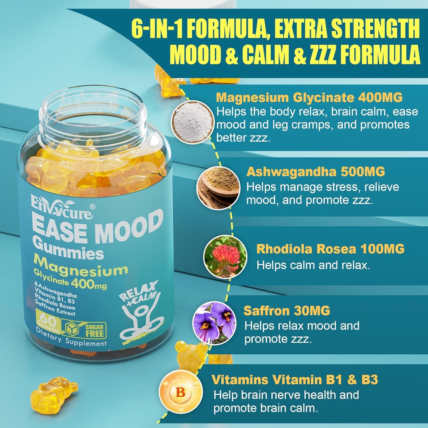 Gomitas de Magnesio Glicinato EnvyCure 400mg con Ashwagandha 60Ct