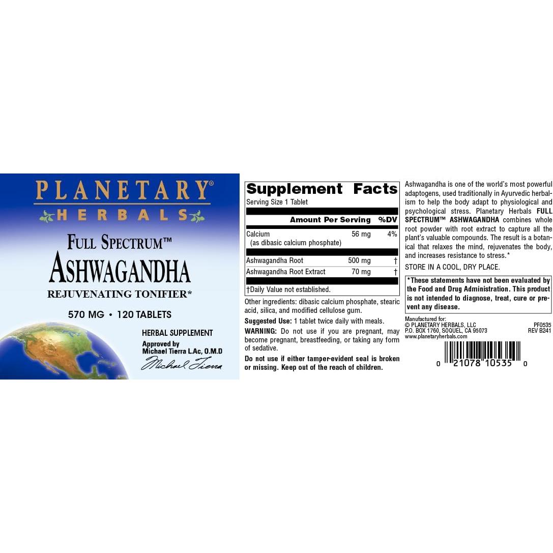 Ashwagandha Espectro Completo Planetary Herbals 570 mg 120 Tabletas