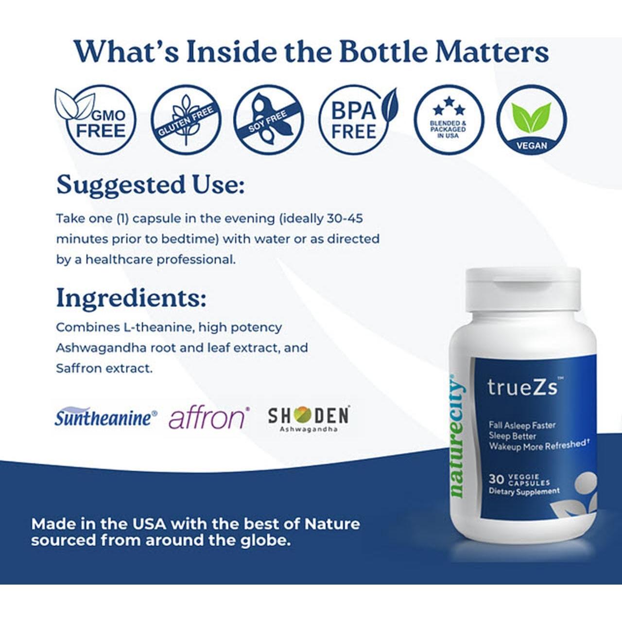 NatureCity TrueZs Suplemento Natural para Dormir - 30 Cápsulas Veganas