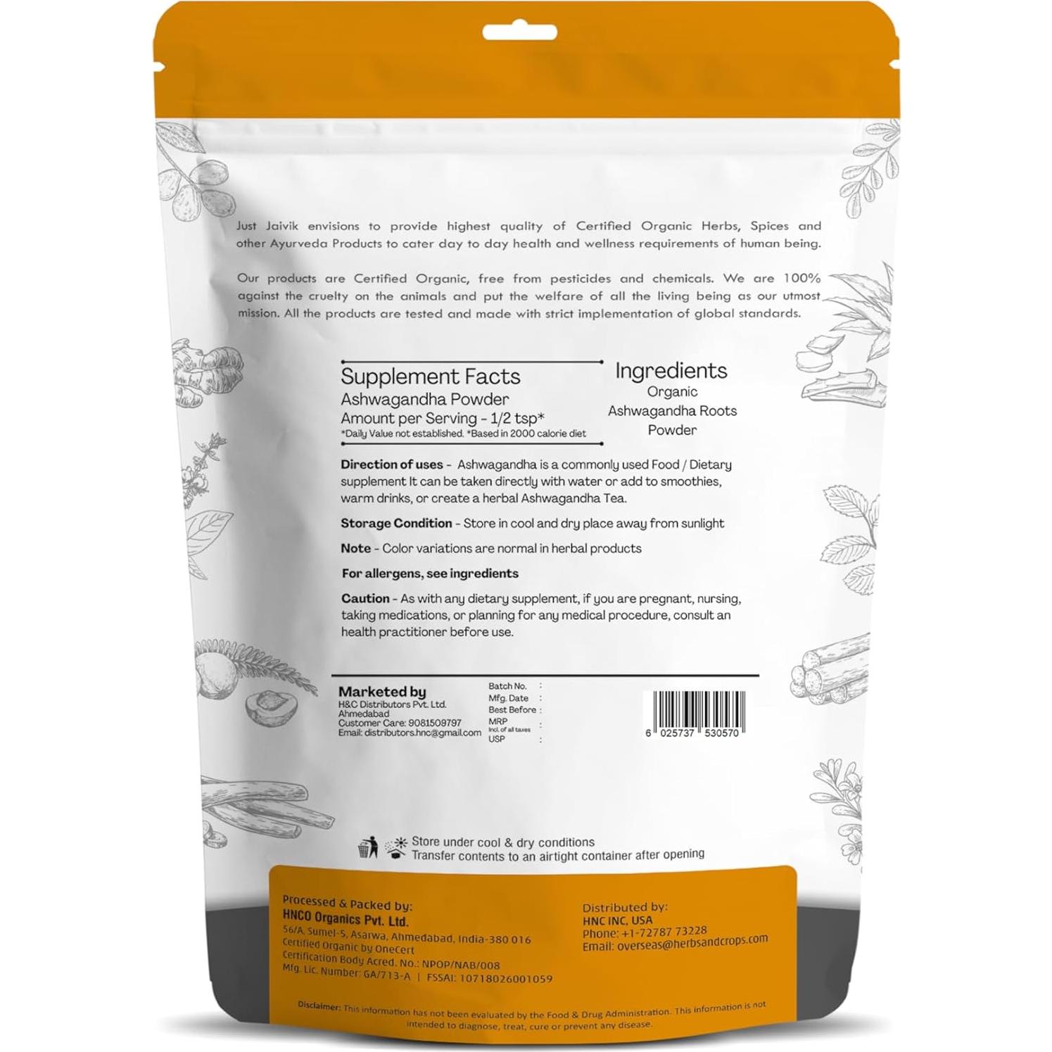 Polvo de Ashwagandha Orgánico Just Jaivik 227g - Suplemento Ayurvédico