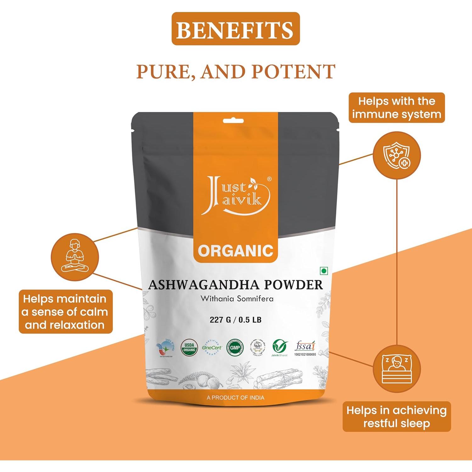 Polvo de Ashwagandha Orgánico Just Jaivik 227g - Suplemento Ayurvédico