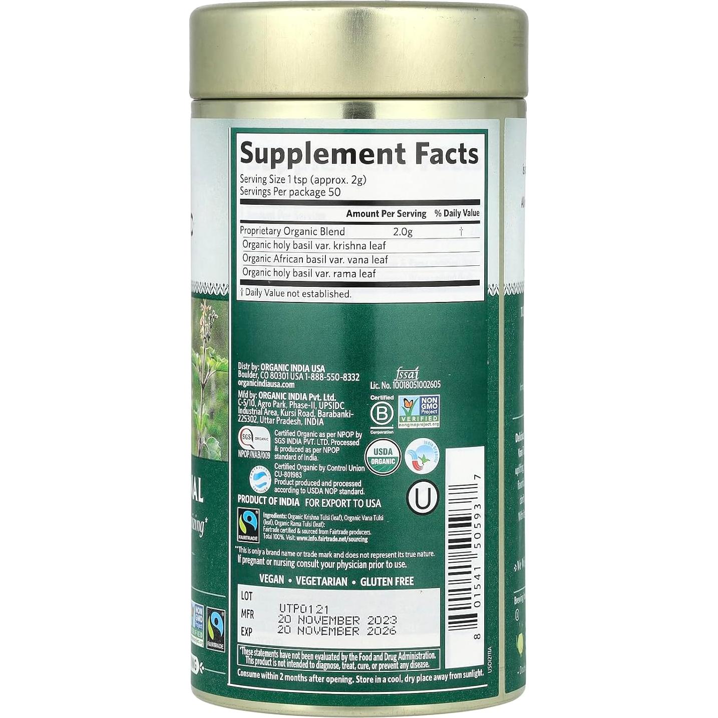 Té Herbal Tulsi Original Organic India - 99.22 g Vegano y Orgánico