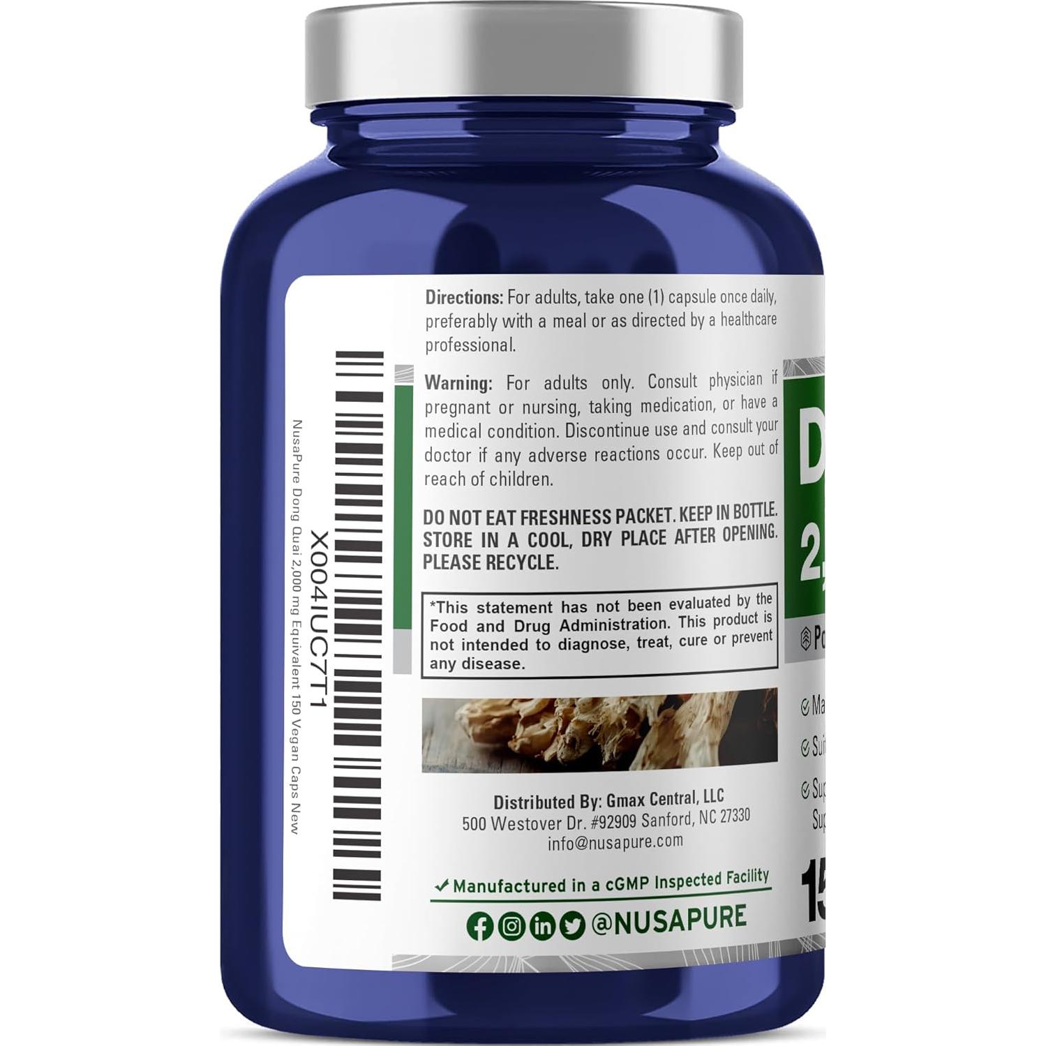 Suplemento de Dong Quai NusaPure 2000mg 150 Cápsulas Veganas