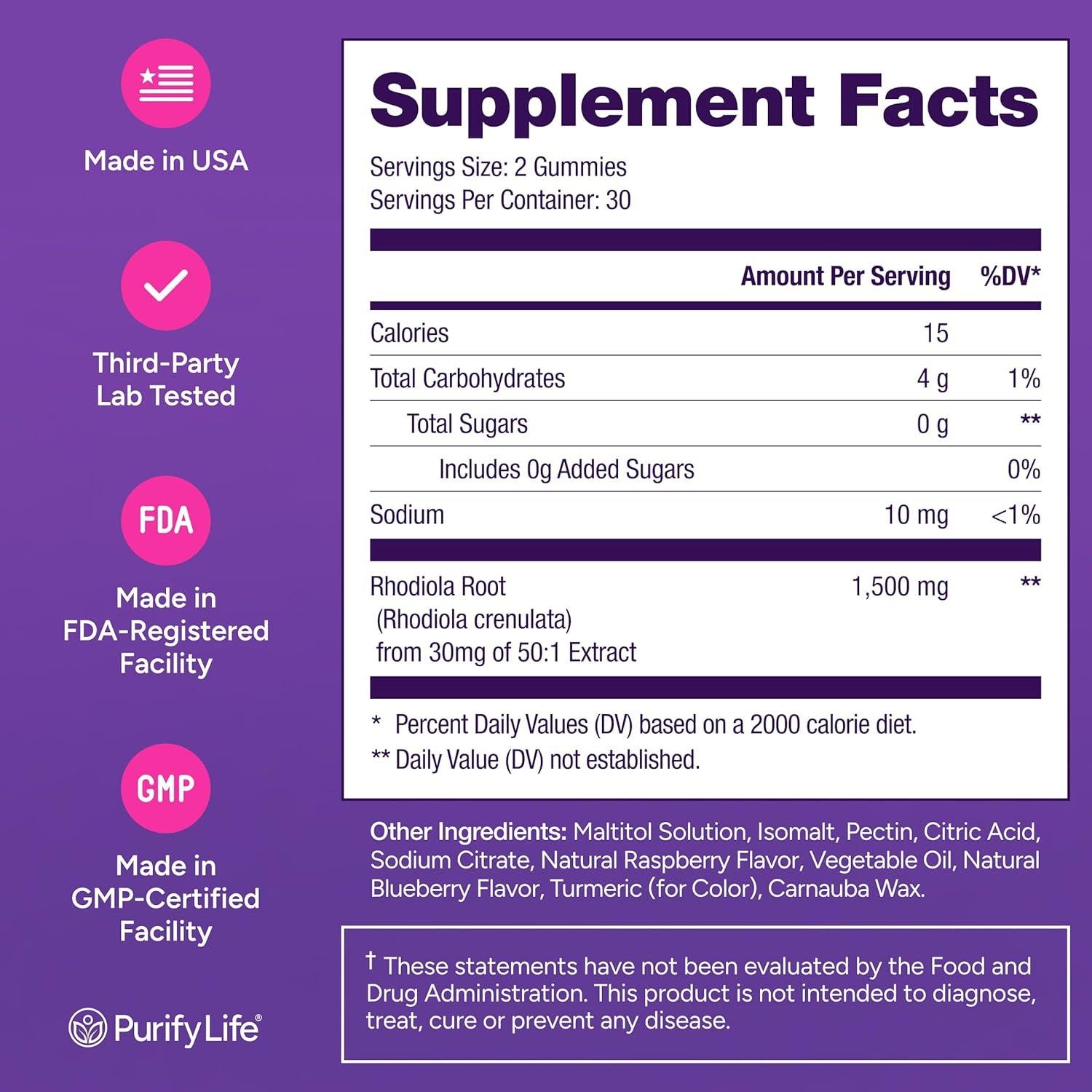 Gomitas Veganas de Rhodiola Rosea Purify Life 1500mg 60 Unidades