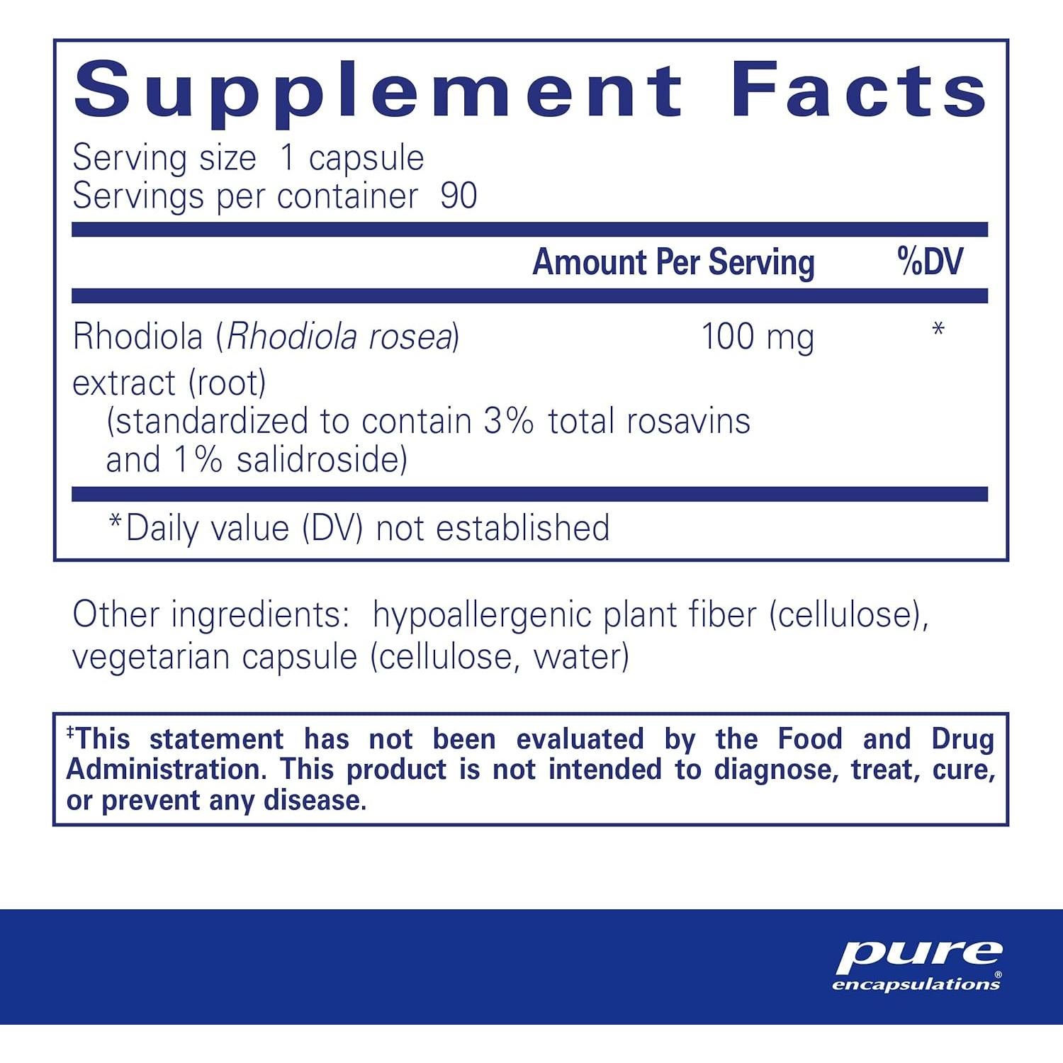 Suplemento Adaptógeno Rhodiola Rosea Pure Encapsulations 90 Cápsulas