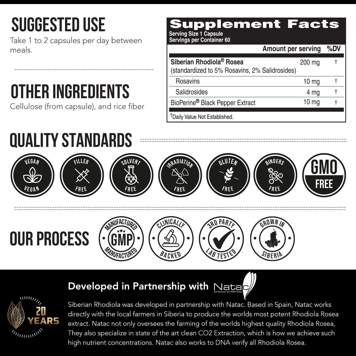 Max Strength Rhodiola Rosea 60 cápsulas - 5% Rosavins, 2% Salidroside