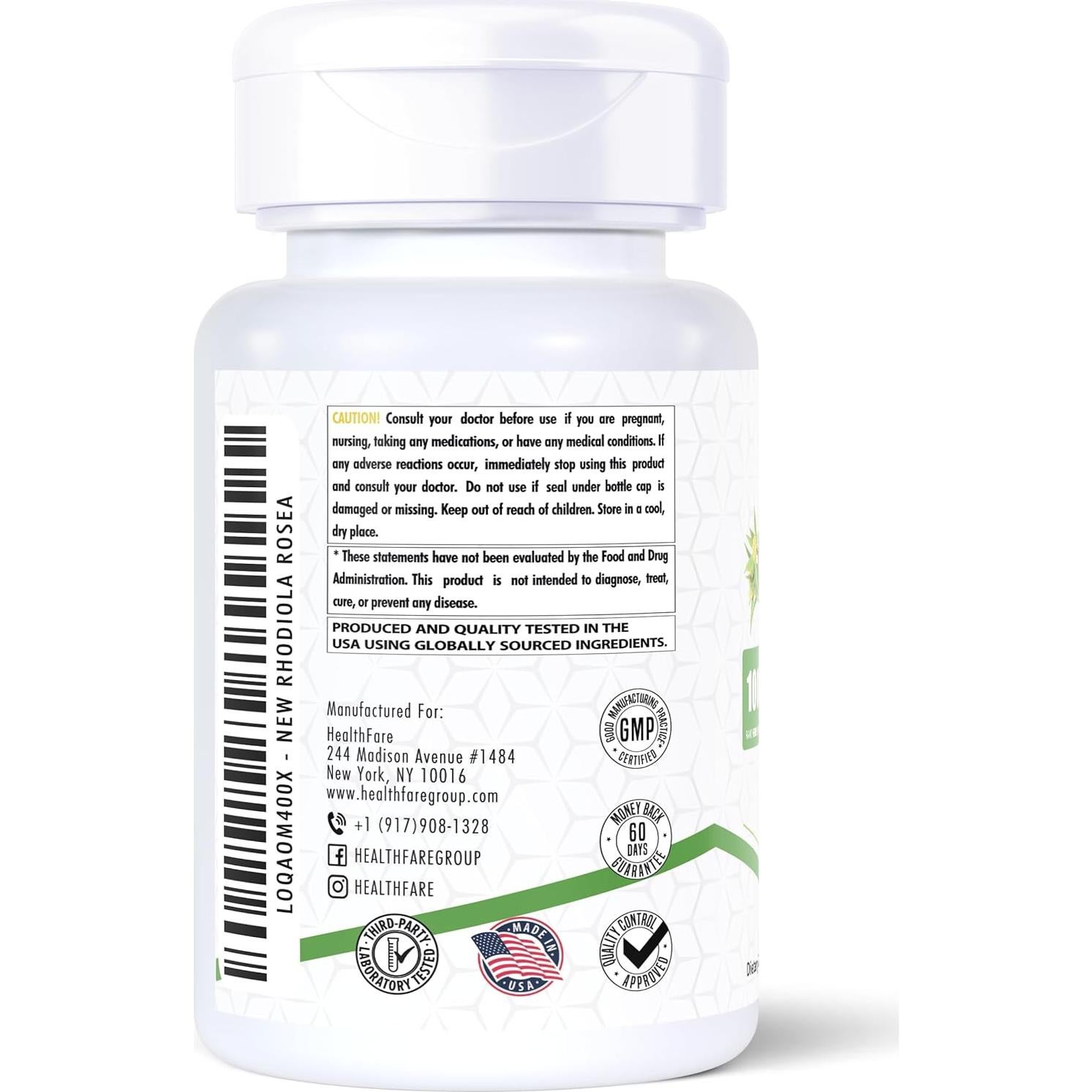 Suplemento de Rhodiola Rosea HealthFare 1000mg - 90 Cápsulas Veganas