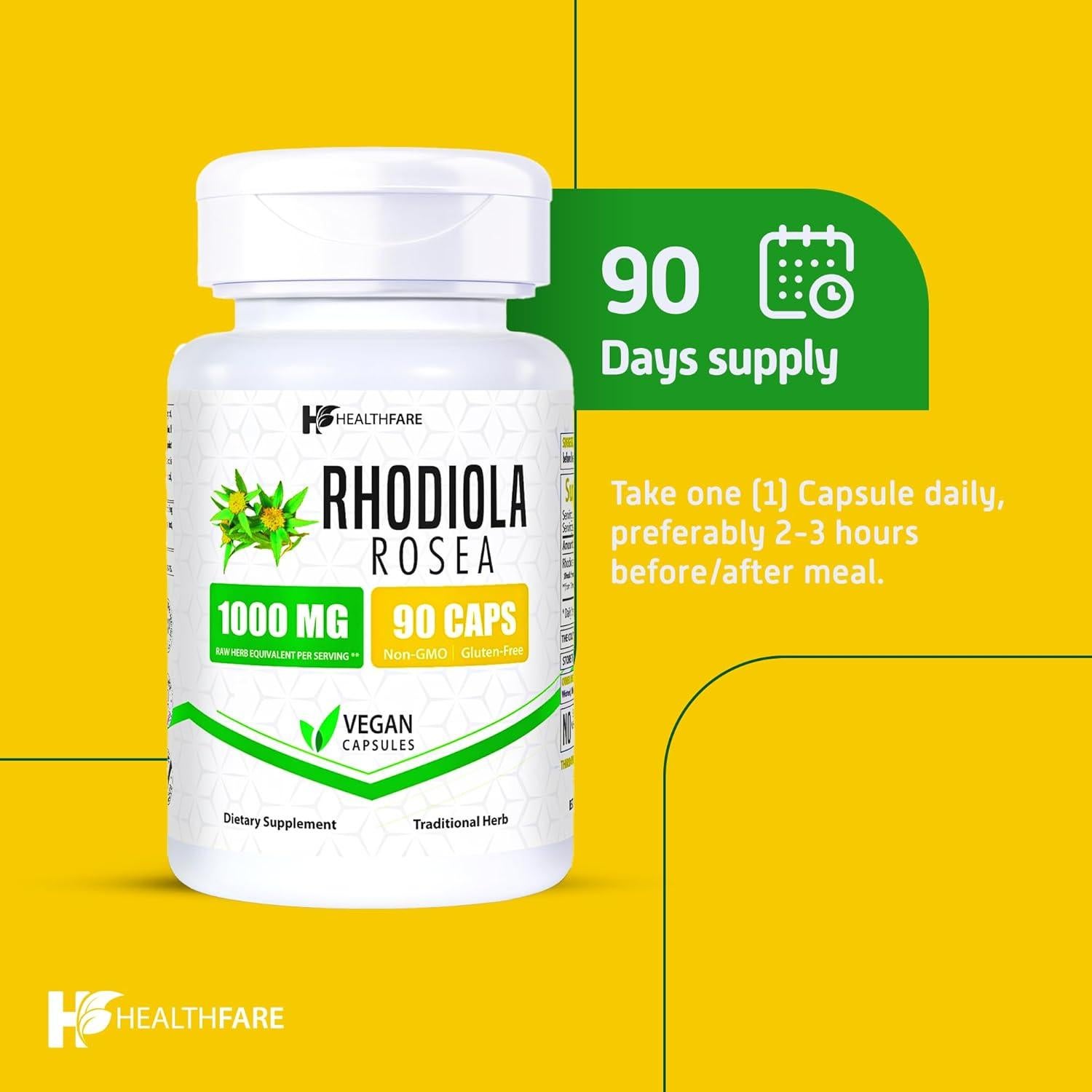 Suplemento de Rhodiola Rosea HealthFare 1000mg - 90 Cápsulas Veganas