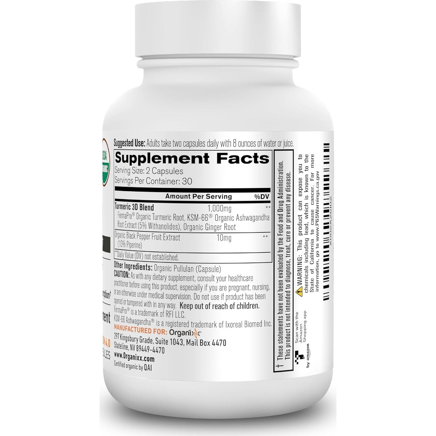 Suplemento Orgánico de Cúrcuma Curcumina Organixx 60 Cápsulas