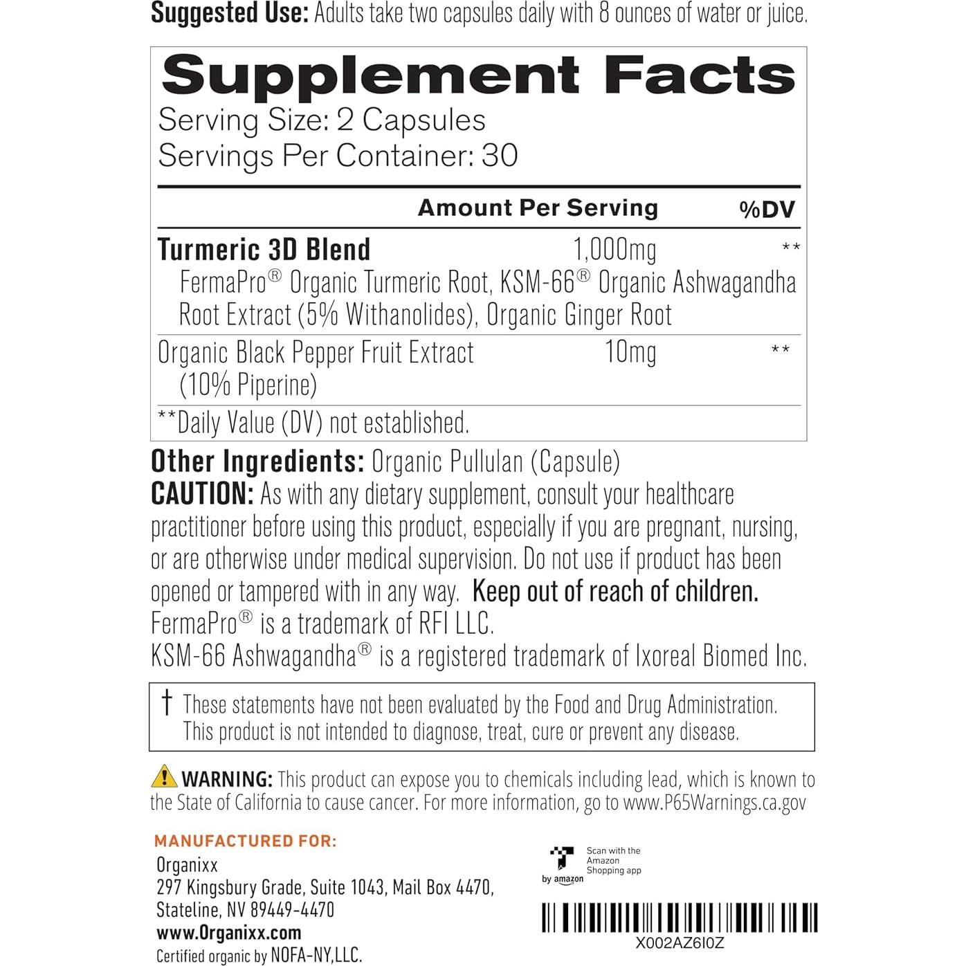 Suplemento Orgánico de Cúrcuma Curcumina Organixx 60 Cápsulas