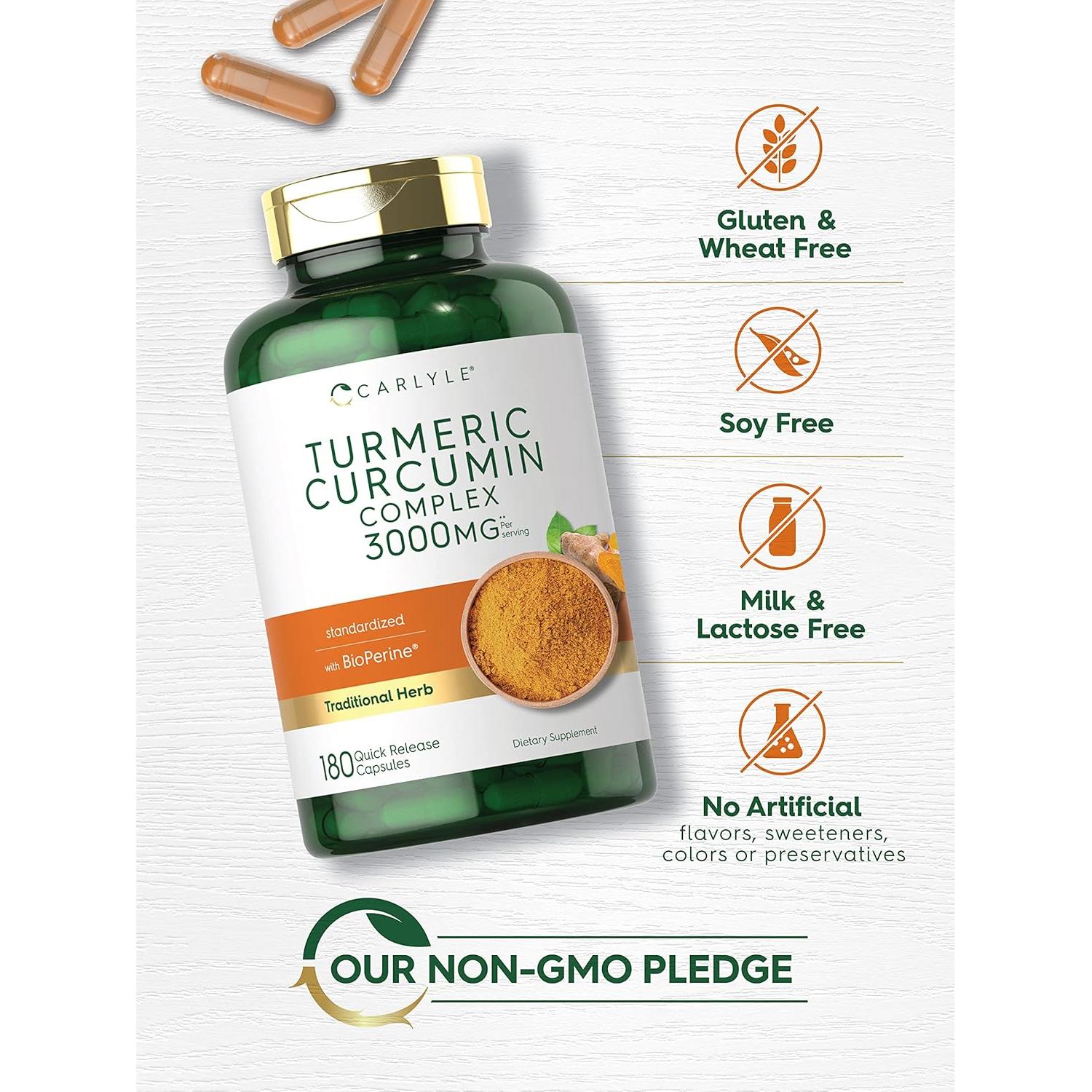 Suplemento de Cúrcuma Curcumina Carlyle 3000mg 180 Cápsulas