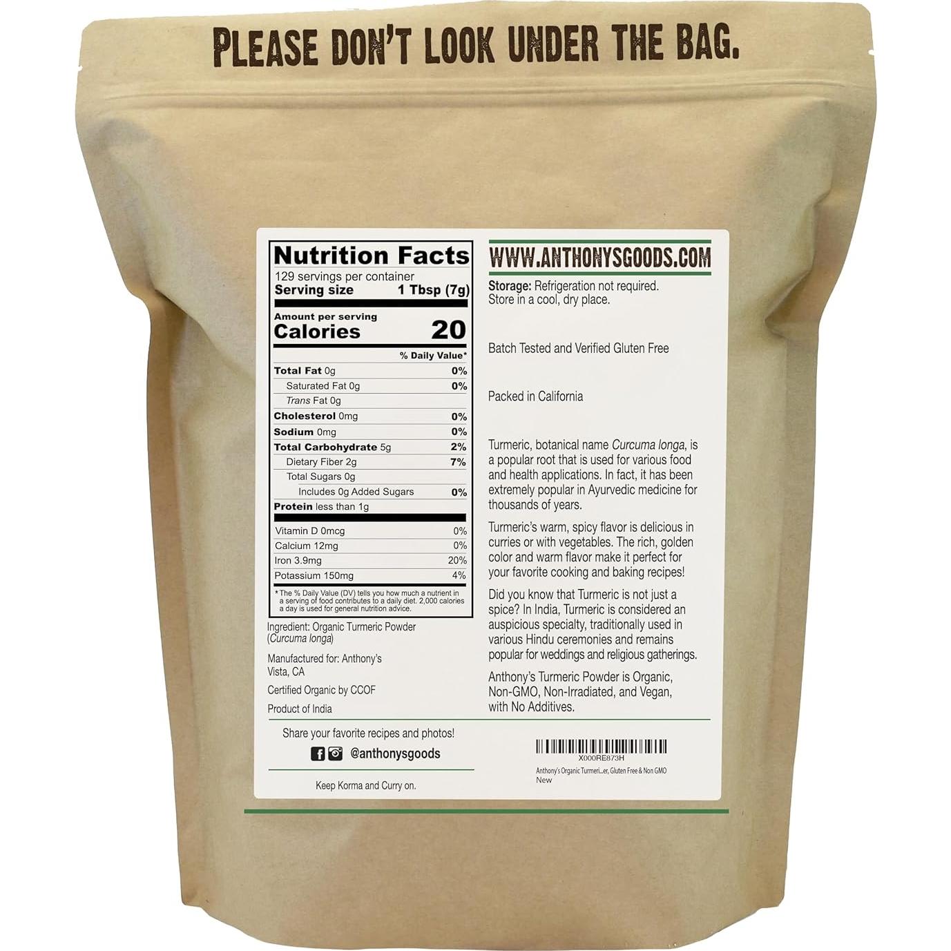 Polvo de Cúrcuma Orgánica Anthony's 0.91 kg Sin Gluten