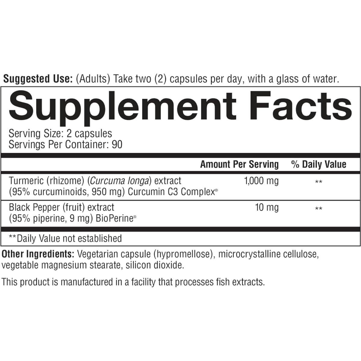 Suplemento de Cúrcuma Youtheory 1000 mg con Pimienta Negra 180 Cápsulas